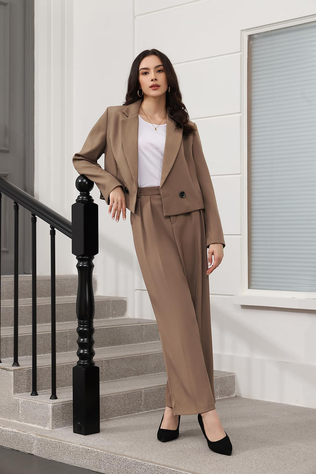 Lamgool Women's Suit 2 Piece Casual Outfits Cropped Blazer High Waisted Wide Leg Pants for Work