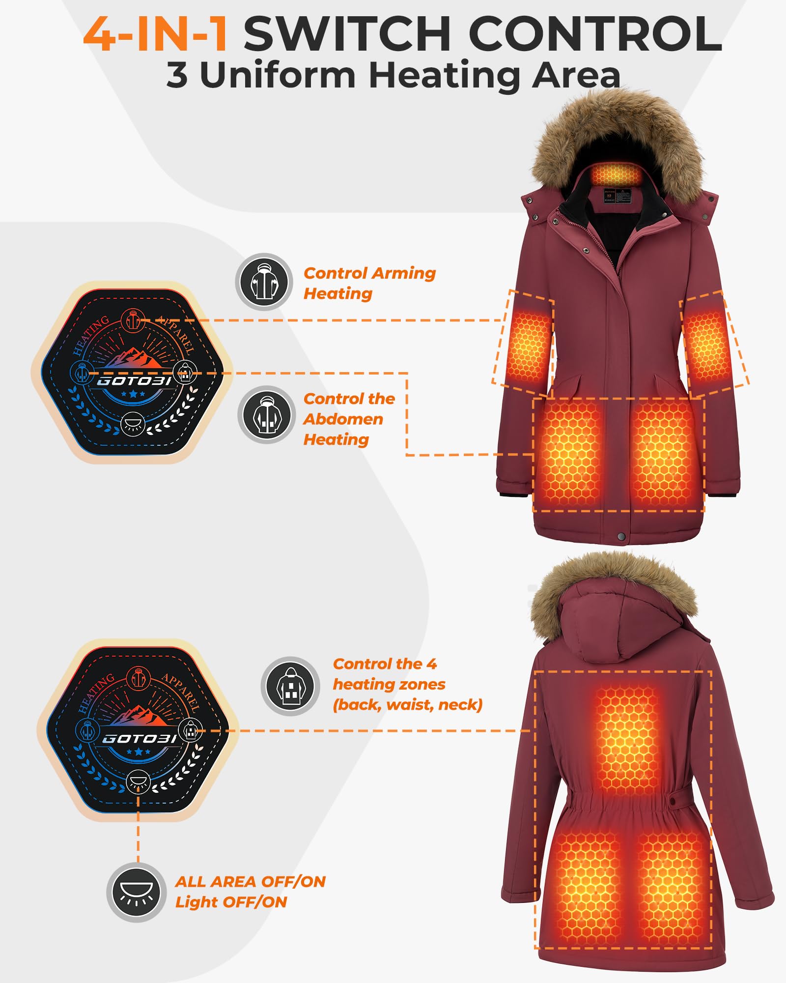 Graphene Long Heated Jacket for Women with 18400mAh 12V Battery Pack, Womens Parka Coat with Faux Fur Detachable Hood