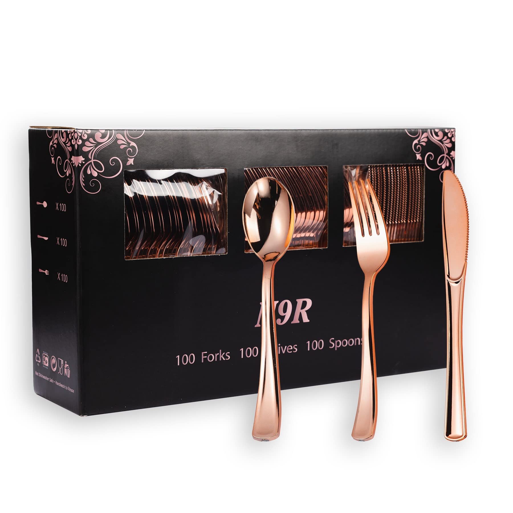 N9R 300PCS Gold Plastic Silverware, Heavy Duty Gold Plastic Cutlery Set Disposable Flatware Dinnerware, 100 Forks, 100 Spoons, 100 Knives, Perfect for Party, Wedding and Daily Use