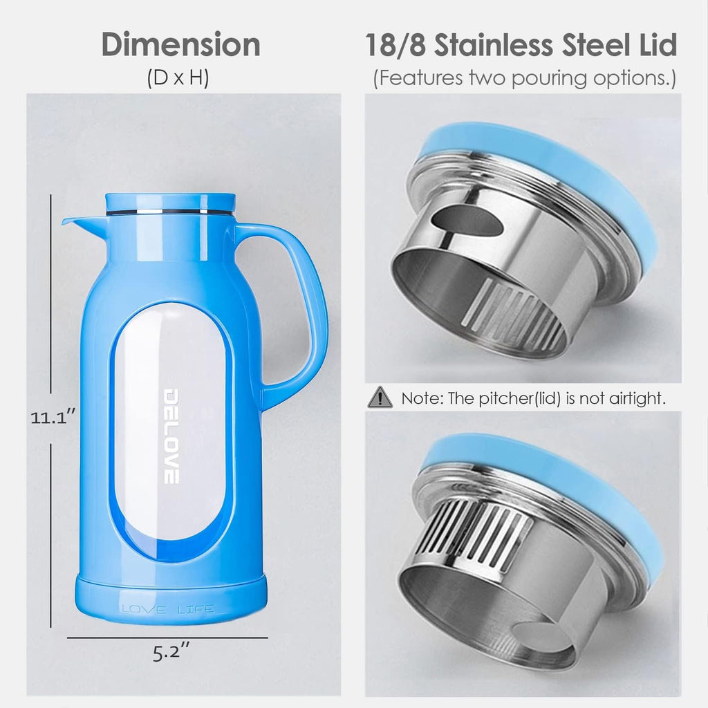 Delove 68 oz/2 Liter Glass Pitcher with Shatterproof Shell - Heat Resistant Glass Liner - Stainless Steel Lid - Carafe & Jug for Iced Tea,Hot/Cold Water,Homemade Juice Beverages (Black)