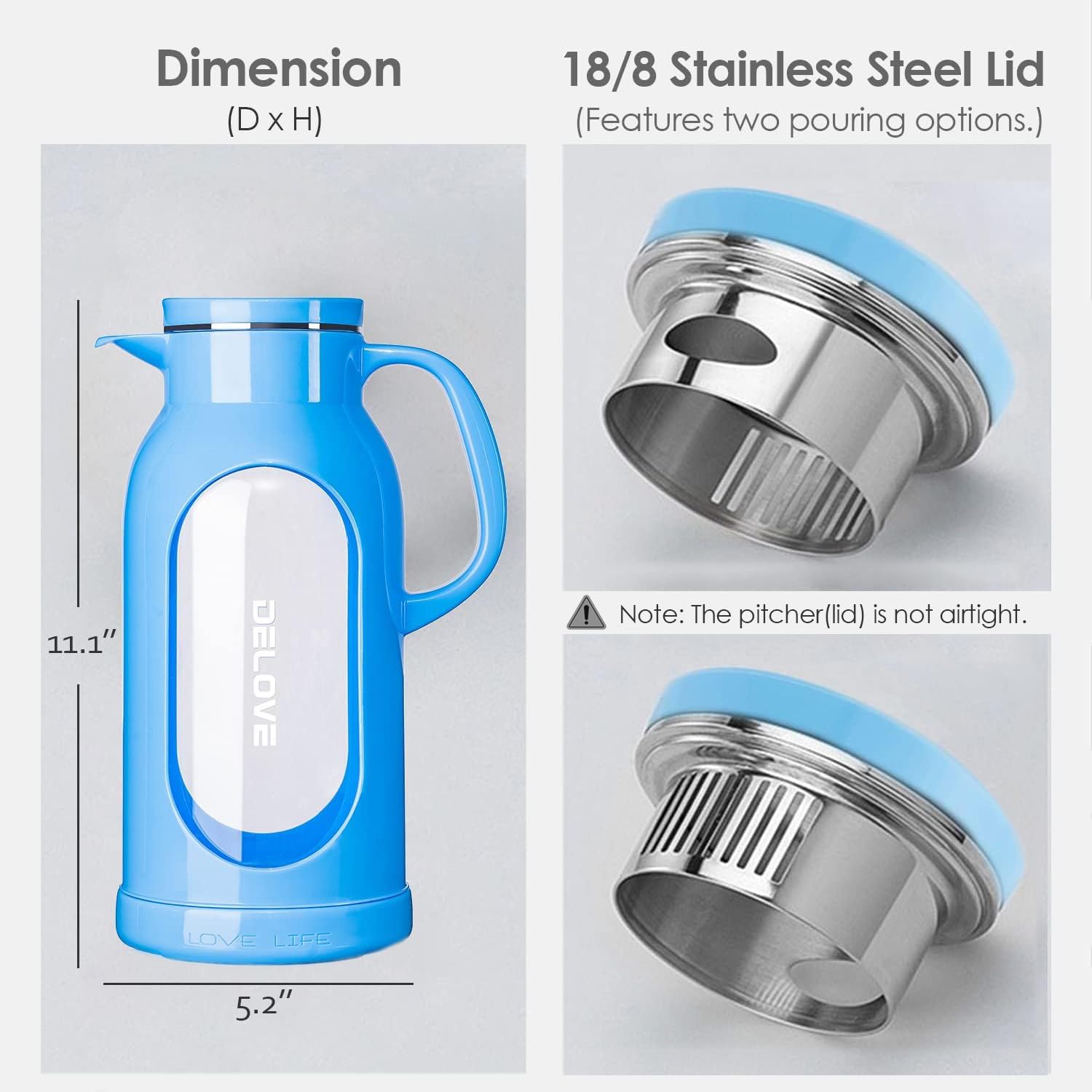 Delove 68 oz/2 Liter Glass Pitcher with Shatterproof Shell - Heat Resistant Glass Liner - Stainless Steel Lid - Carafe & Jug for Iced Tea,Hot/Cold Water,Homemade Juice Beverages (Black)