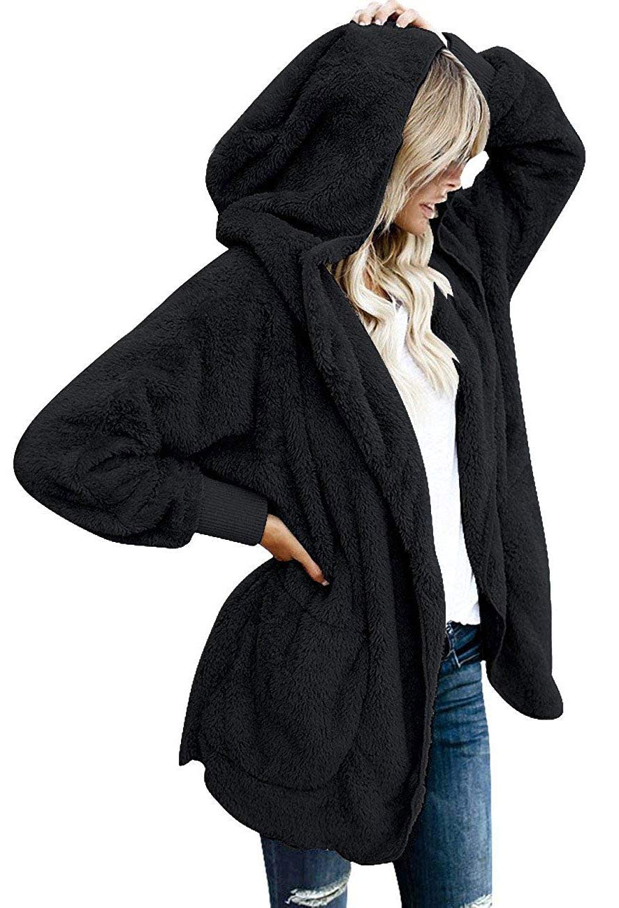 CHICGAL Womens Fuzzy Jacket Hooded Cardigan Open Front Sherpa Coat Outwear with Pockets