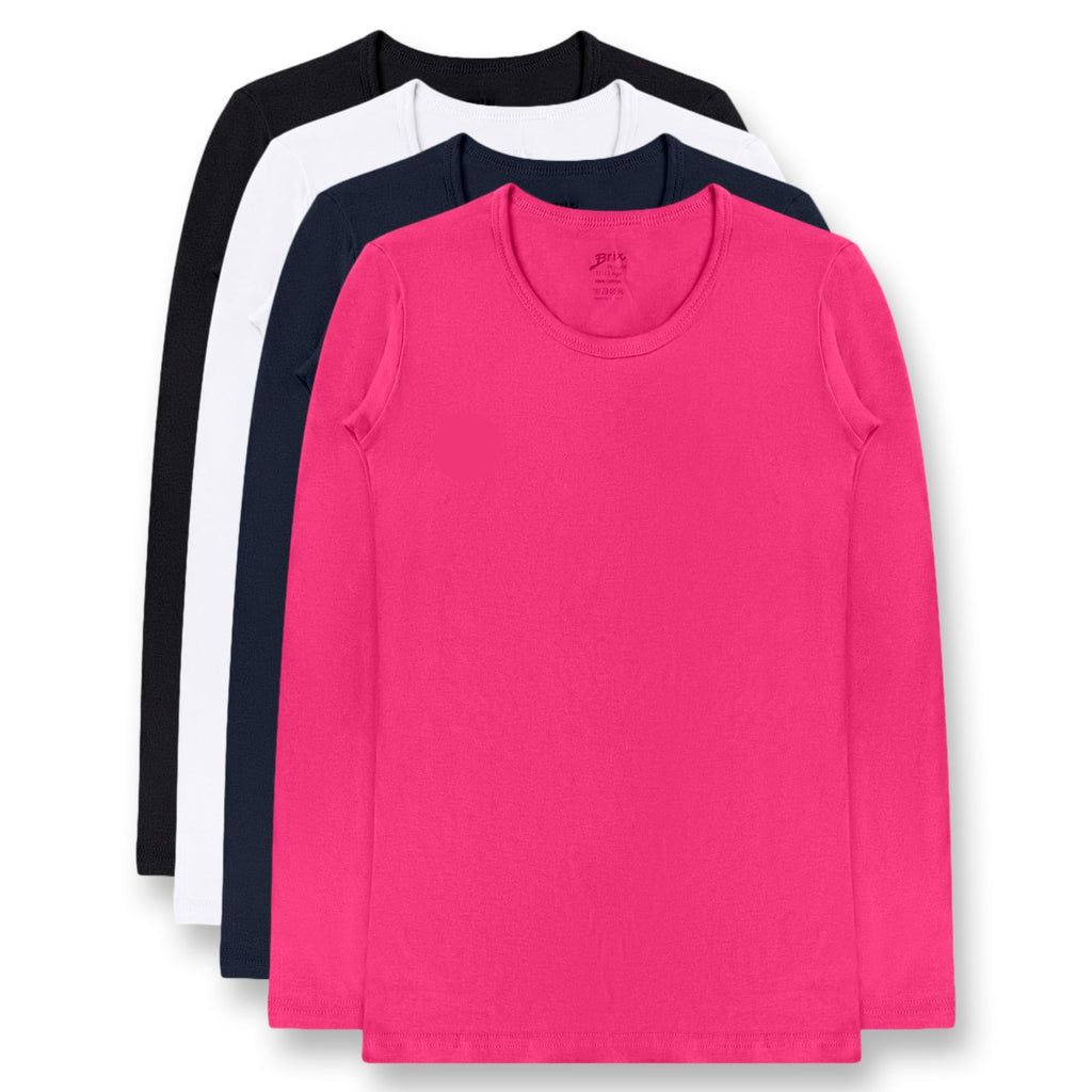 Brix Girls' Long Sleeve Tees - 100% Cotton Tagless 4 -Pack Crew Neck Super Soft Cotton T Shirts.