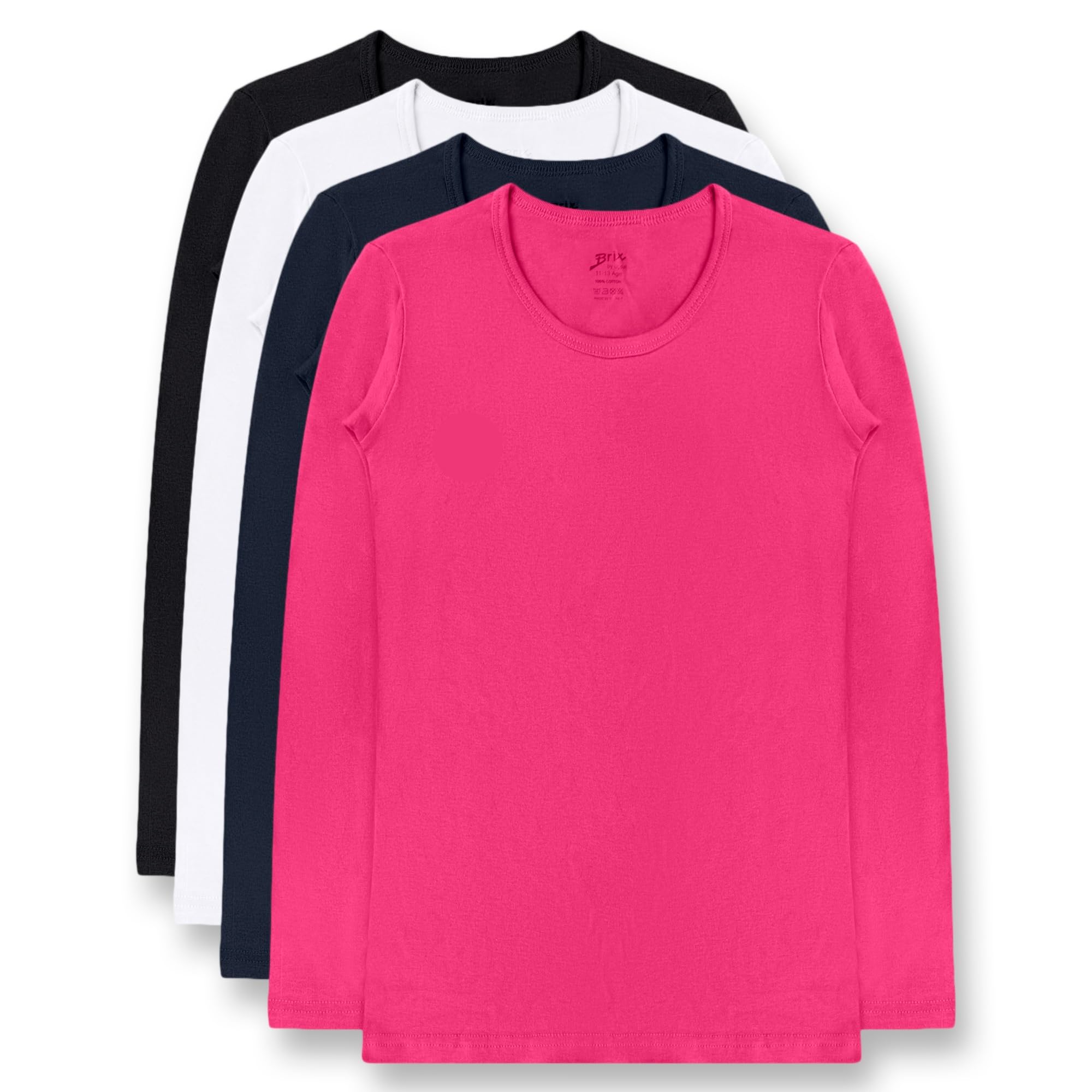 Brix Girls' Long Sleeve Tees - 100% Cotton Tagless 4 -Pack Crew Neck Super Soft Cotton T Shirts.