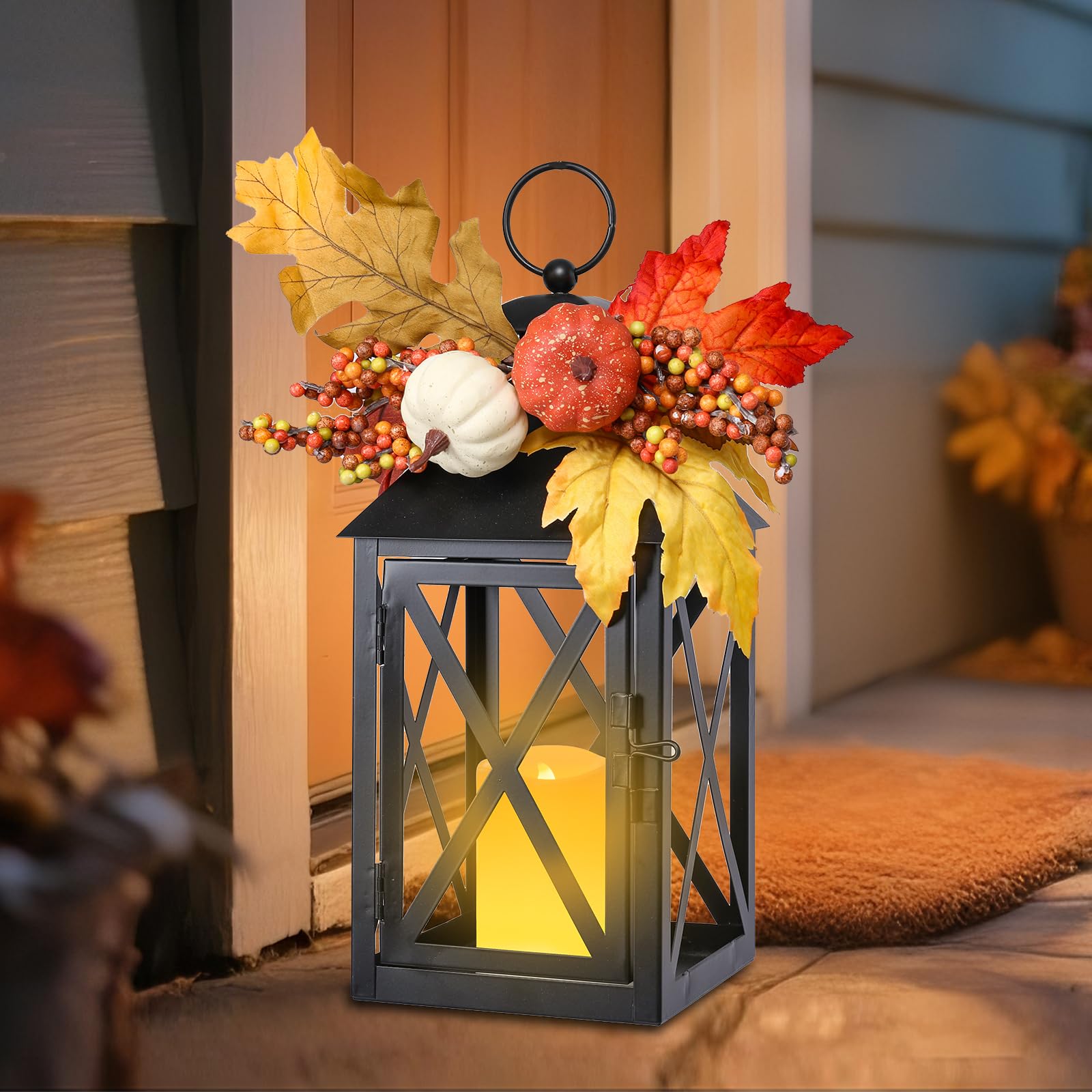 2 Pack Fall Lantern Decor with LED Candle – 12 Inch Harvest Pumpkin Maple Leaf Hanging Lantern for Autumn Thanksgiving Table Centerpiece Indoor Outdoor Decoration, Battery Operated