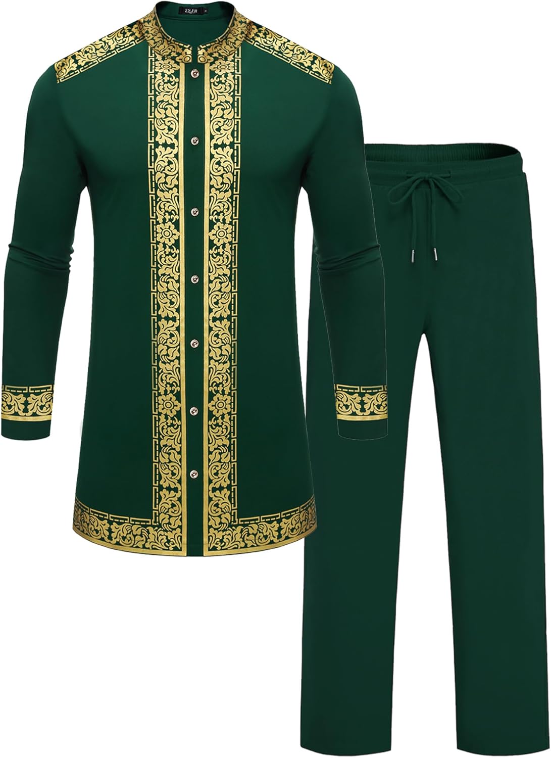 Mens African 2 Piece Set Nigerian Dashiki Metallic Traditional Suit Gold Stamp Printed Shirt and Pants Outfit
