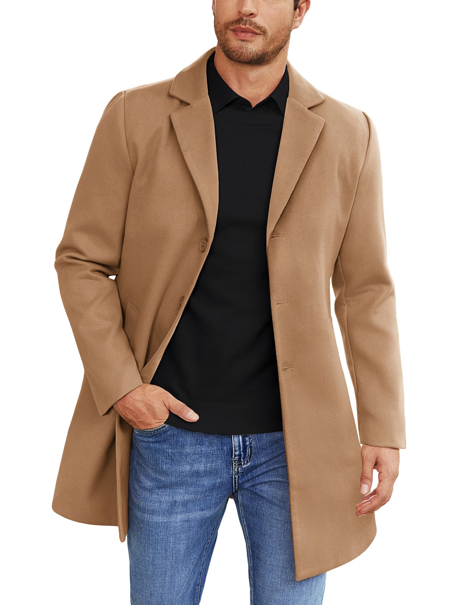 COOFANDY Mens Wool Blend Coat Winter Trench Coats Notched Lapel Collar Single Breasted Overcoat Classic Peacoat With Pockets