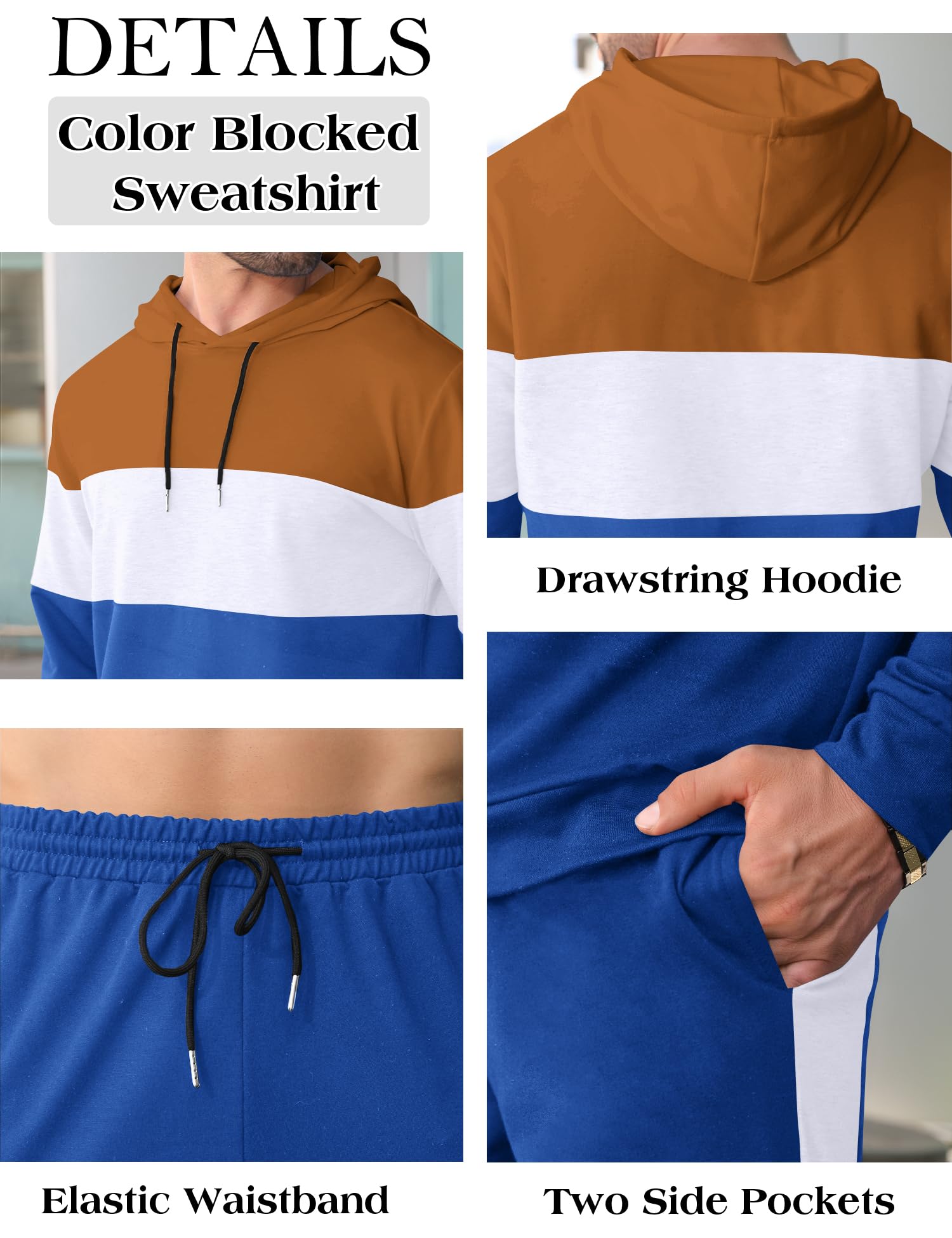 Babioboa Men's Tracksuit 2 Piece Color Block Hoodie Set Pullover Sweatshirt and Jogging Sweatpants Athletic Sweatsuits Set