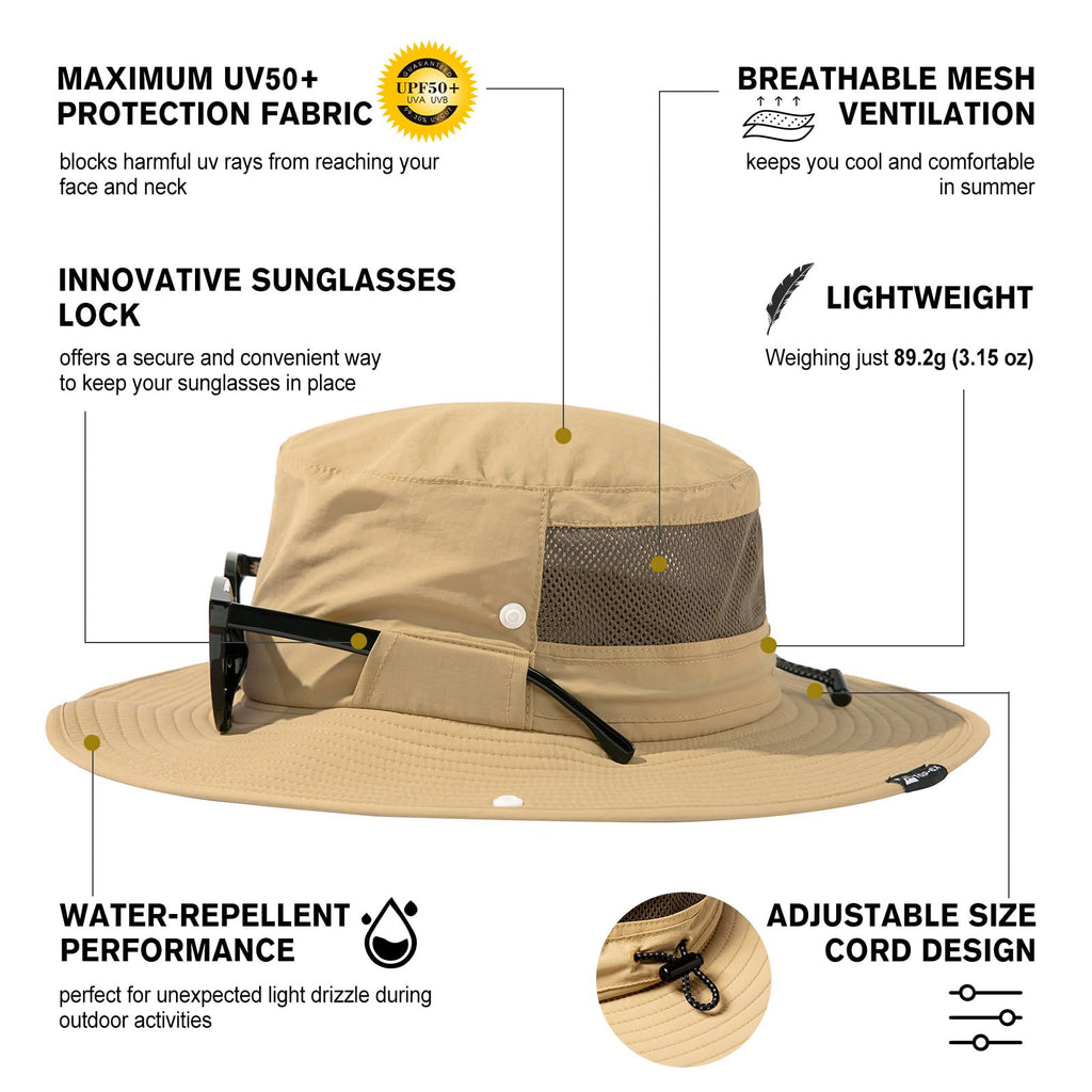 TOP-EX L/XL/XXL UV50+ Waterproof Wide Brim Bucket Sun Hat for Summer Fishing Hiking w/Detachable Strap & Vented Mesh