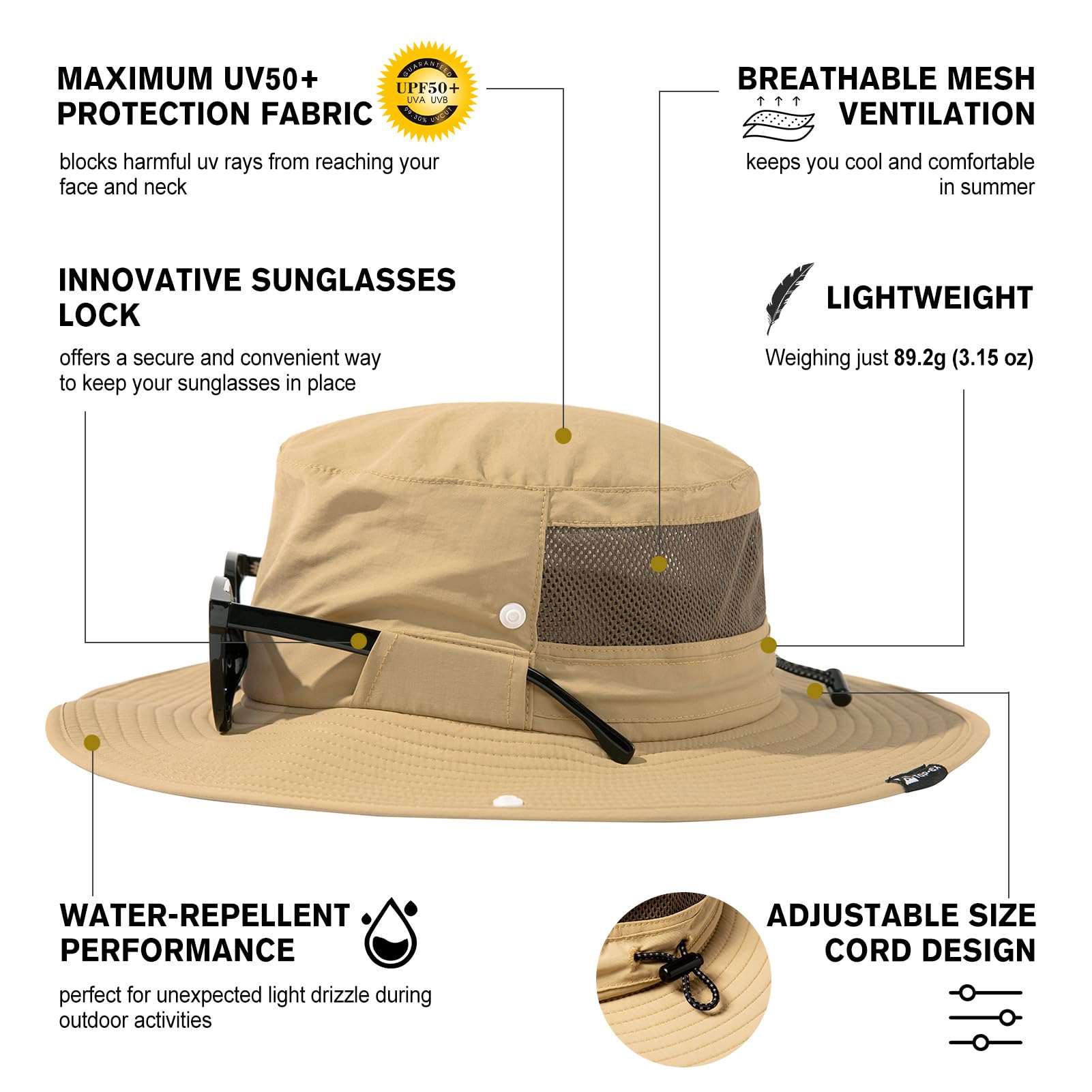 TOP-EX L/XL/XXL UV50+ Waterproof Wide Brim Bucket Sun Hat for Summer Fishing Hiking w/Detachable Strap & Vented Mesh