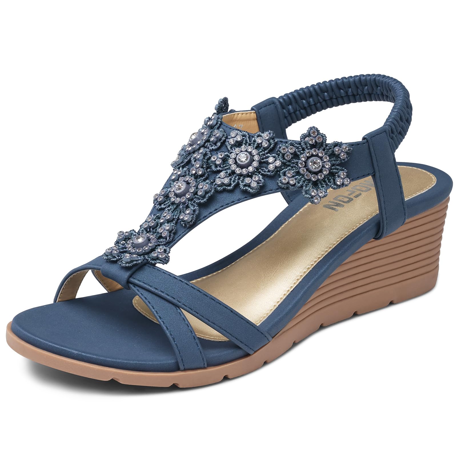 TEMOFON Women's Low Wedge Heels Summer Dressy Platform Sandals Elastic Ankle Strap Open Toe Flower Shoes