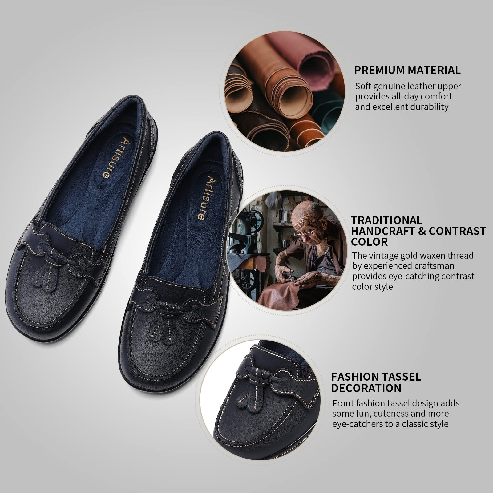 Artisure Women's Classic Comfort Leather Loafers Casual Slip-Ons Stylish Tassel Dress Shoes Cute Work Office Flats Everyday Walking Shoes