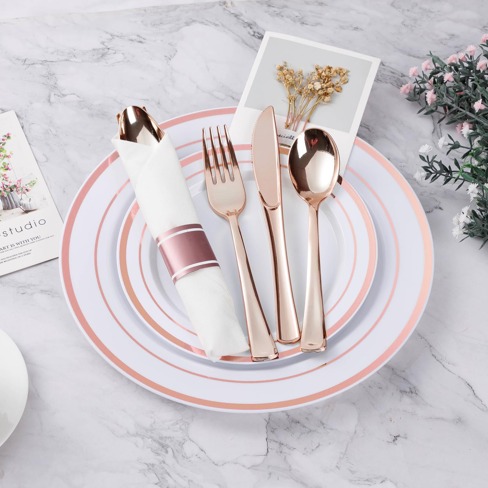 350PCS Gold Plastic Dinnerware Set, Disposable Party Plates for 50 Guests, Include: 100 Plastic Plates, 50 Pre Rolled Napkins with Gold Silverware, 50 Cups