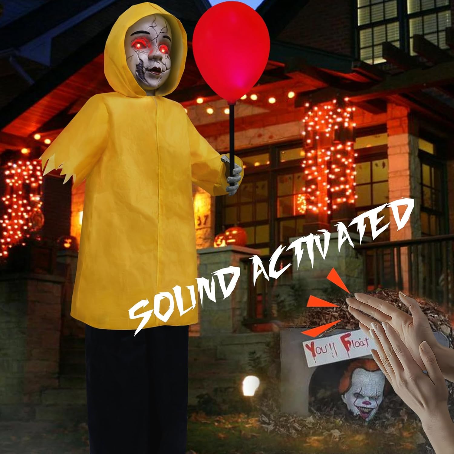 Halloween Decorations Outdoor, 4 Ft Life Size Animatronics Prop with Glowing Balloon, Sound-Activated Sensor, Scary Decor for Home Party Indoor Outside Garden Lawn Grave Yard