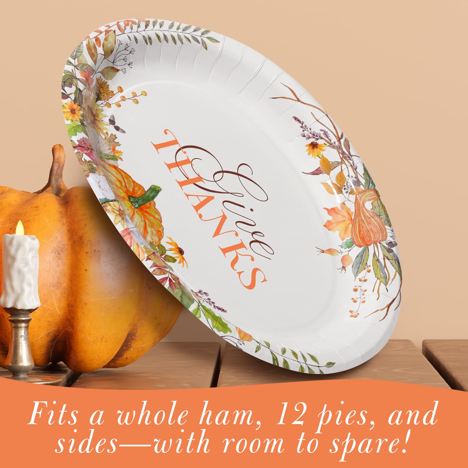 50 Count Thanksgiving Oval Paper Plates, 10" x 12.5" Large Disposable Dinner Serving Party Platters Heavy Duty, Autumn Fall Harvest Party Supply Thanksgiving Decor