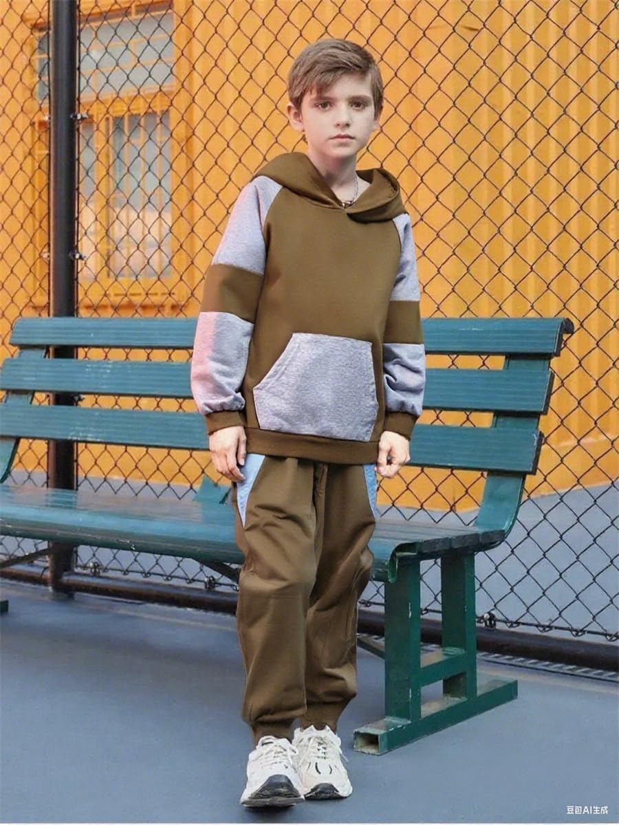 5-11Y Boys Clothes Long Sleeve Hooded Pullover Colorblock Sweatshirt + Pants 2pcs Fall Winter Outfit Set