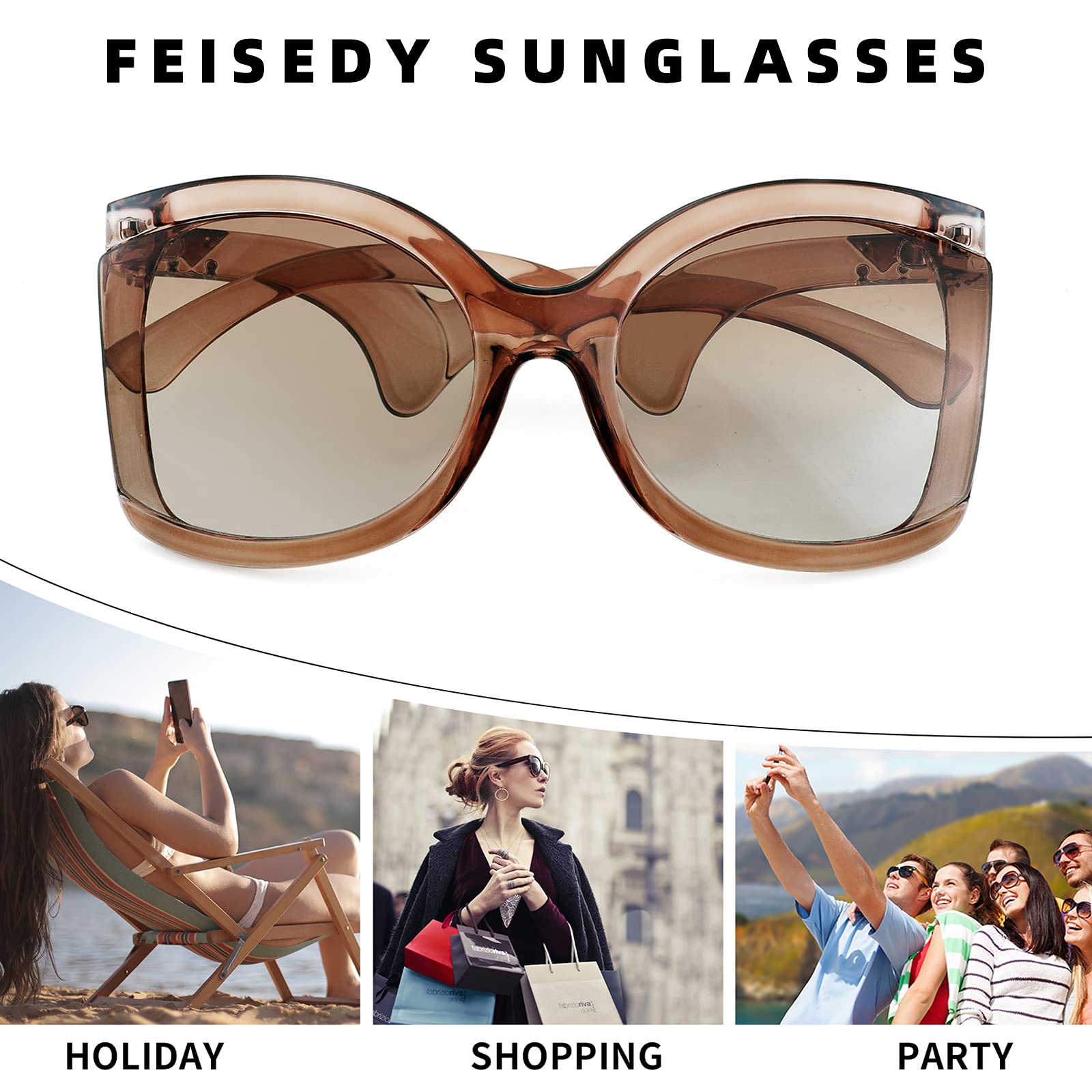 FEISEDY Oversized Square Butterfly Sunglasses Curved Curly Arm Frame Women's Fashion Shades B4035