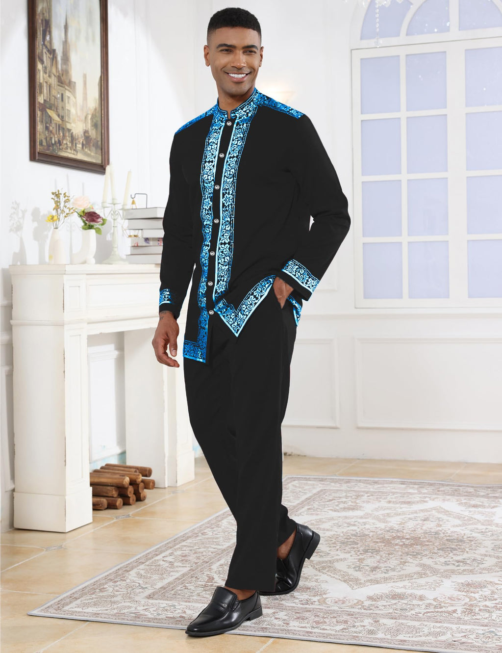 Mens African 2 Piece Set Nigerian Dashiki Metallic Traditional Suit Gold Stamp Printed Shirt and Pants Outfit