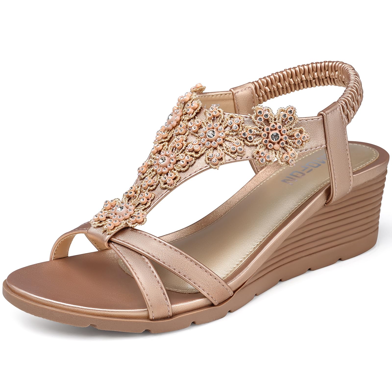 TEMOFON Women's Low Wedge Heels Summer Dressy Platform Sandals Elastic Ankle Strap Open Toe Flower Shoes