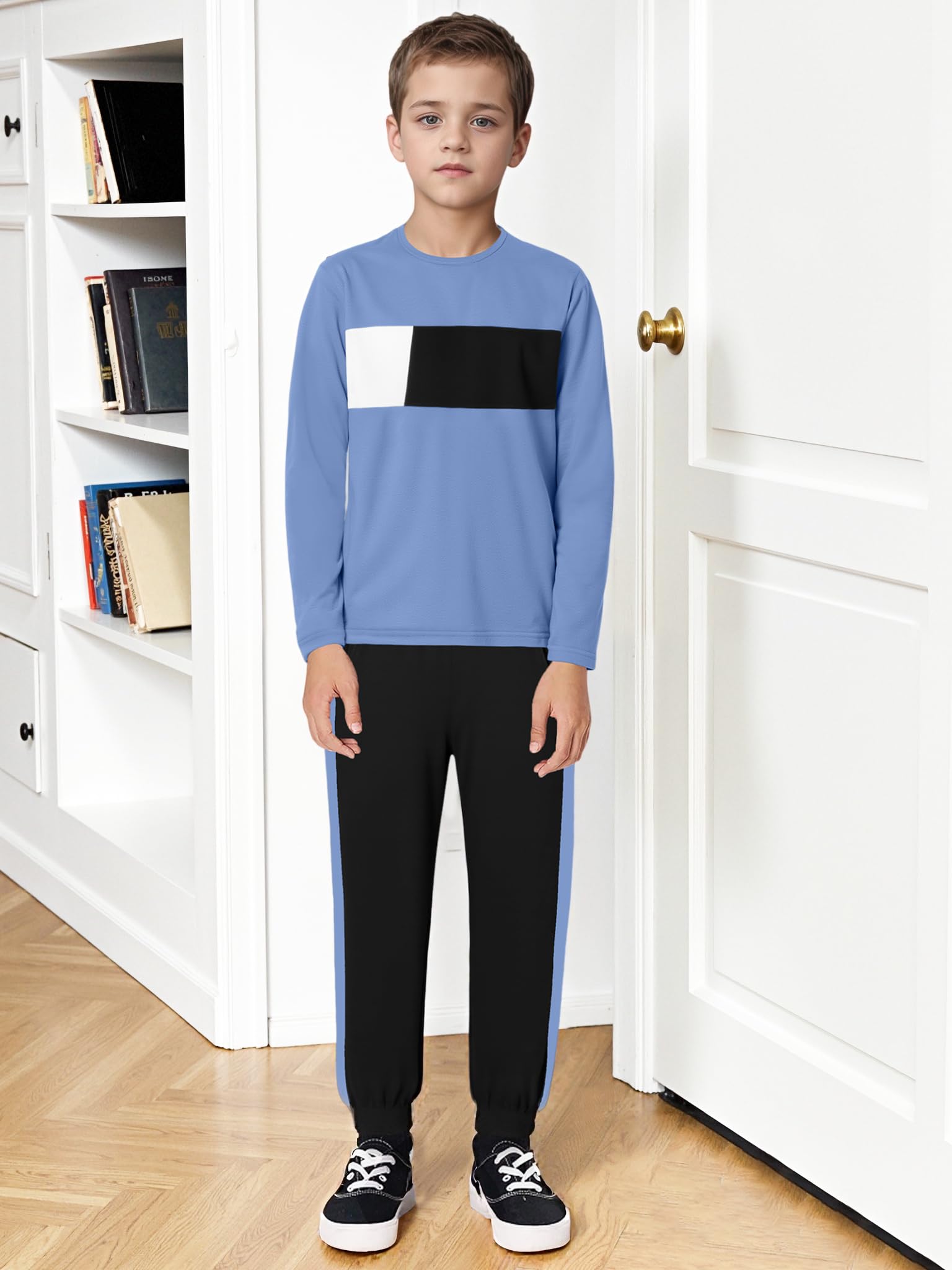 Boys Clothes Color Block Round Neck Long Sleeve Sweatshirt and Casual Pants 2Pcs Fall Outfits Clothes for Boys 6-14 Y