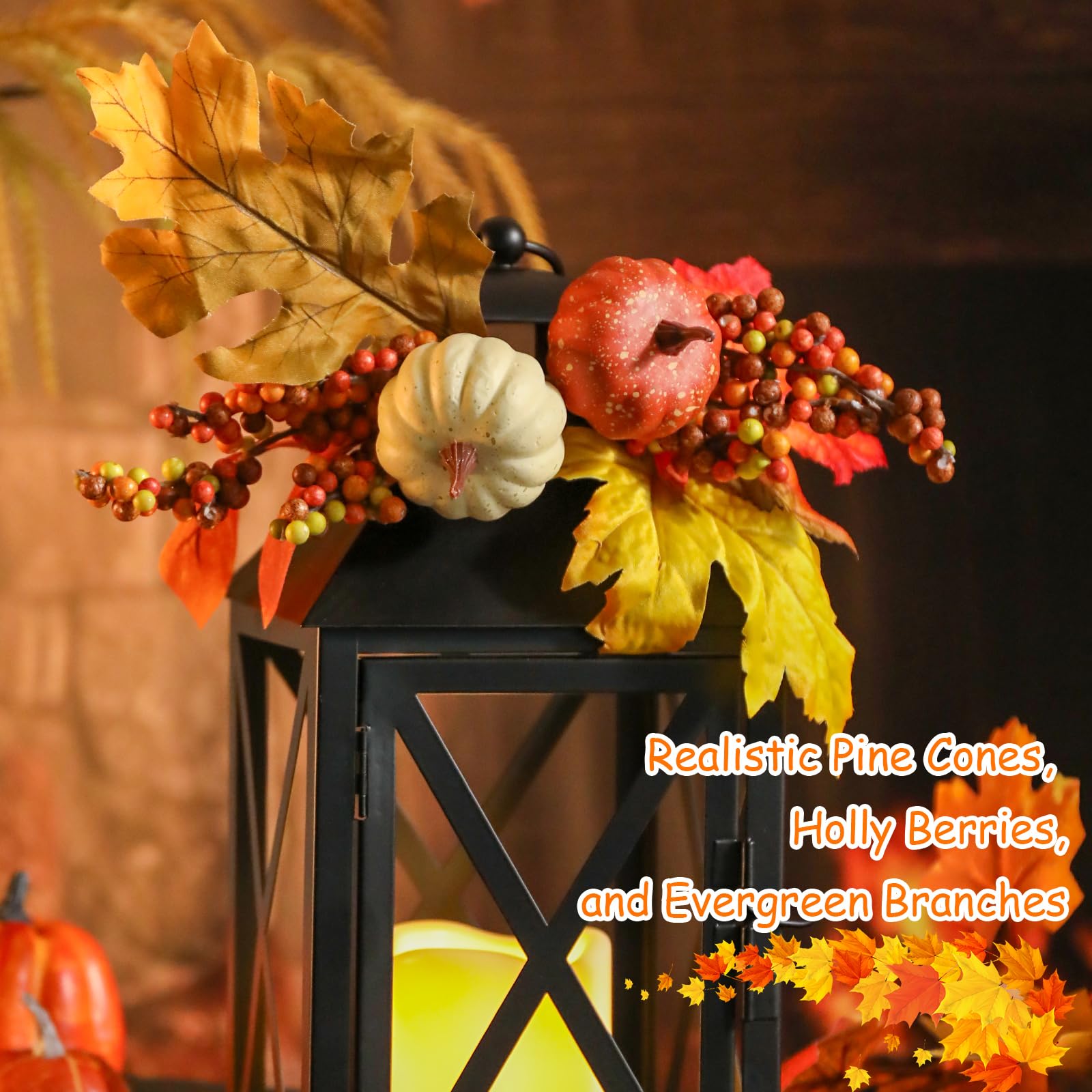 2 Pack Fall Lantern Decor with LED Candle – 12 Inch Harvest Pumpkin Maple Leaf Hanging Lantern for Autumn Thanksgiving Table Centerpiece Indoor Outdoor Decoration, Battery Operated