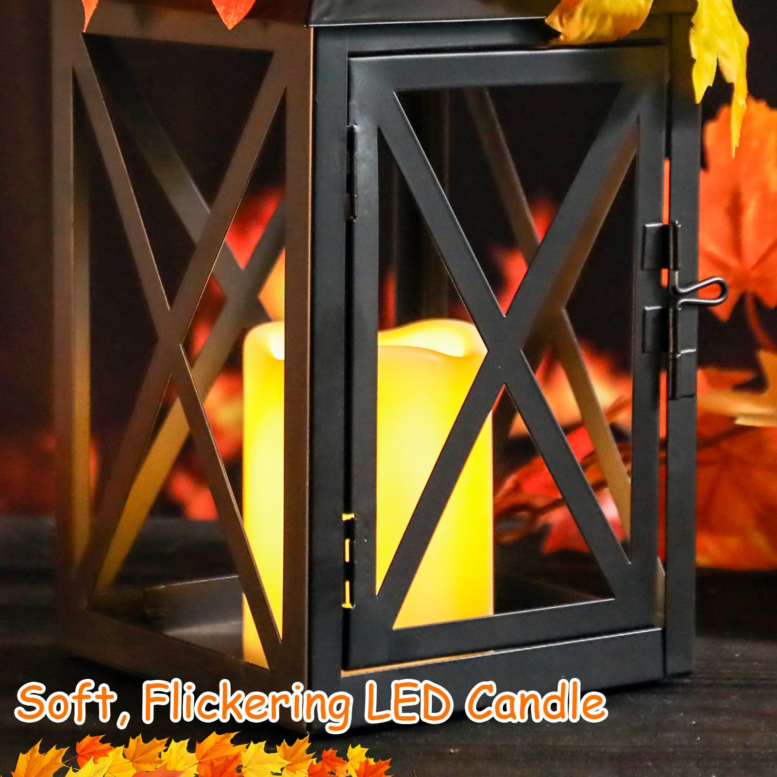 2 Pack Fall Lantern Decor with LED Candle – 12 Inch Harvest Pumpkin Maple Leaf Hanging Lantern for Autumn Thanksgiving Table Centerpiece Indoor Outdoor Decoration, Battery Operated