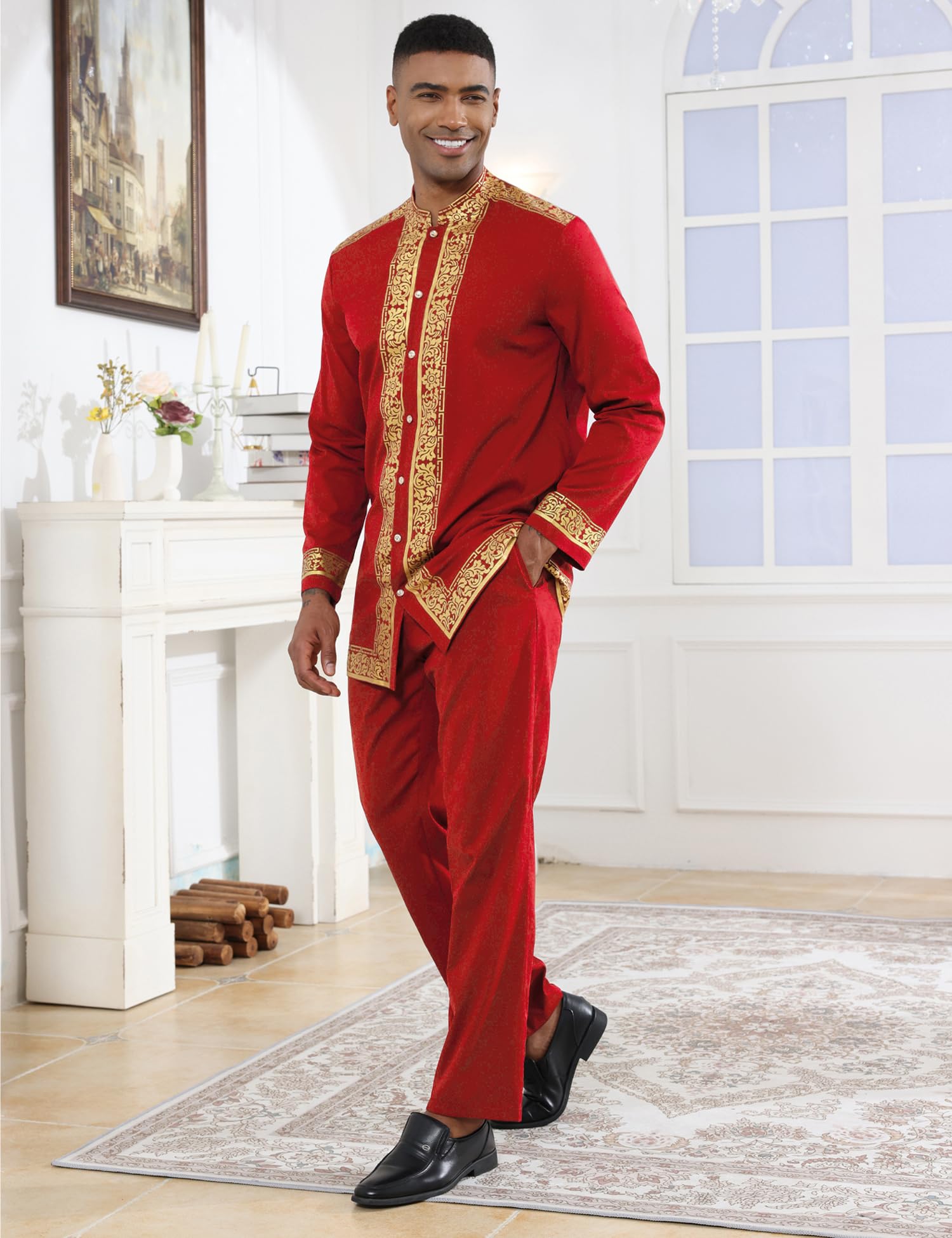 Mens African 2 Piece Set Nigerian Dashiki Metallic Traditional Suit Gold Stamp Printed Shirt and Pants Outfit