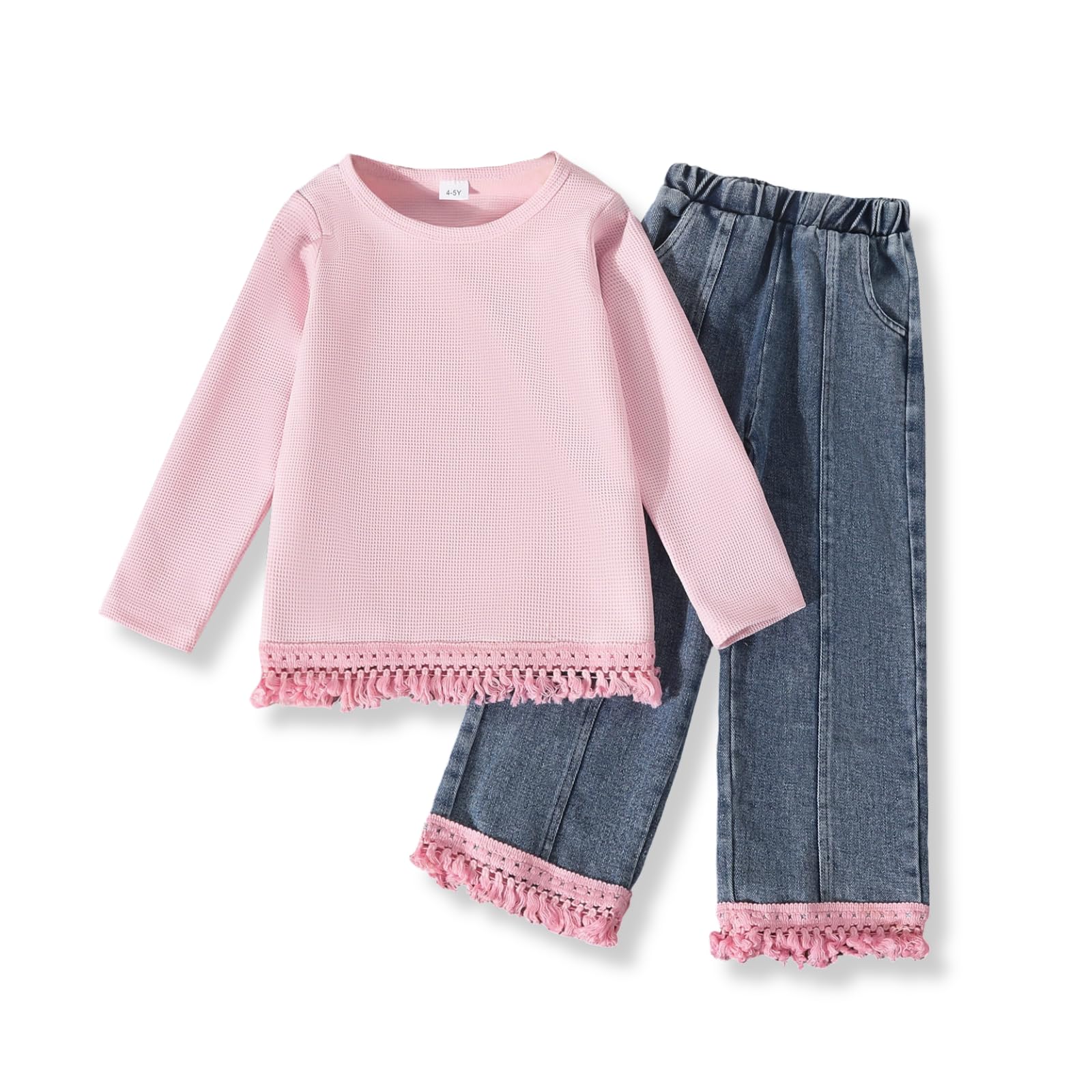 3-7 Years Toddler Girls Pants Set - Tassel Top & Washed Denim Pants Fall Winter Clothing Outfits Set for Girls