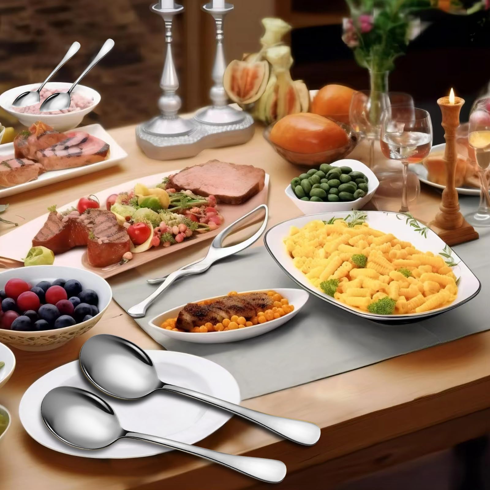 6 Piece Stainless Steel Serving Spoons Set, 10-Inch, Includes 2 Spoon/Slotted/Forks for Parties/Kitchen/Buffet/Catering, Dishwasher Safee