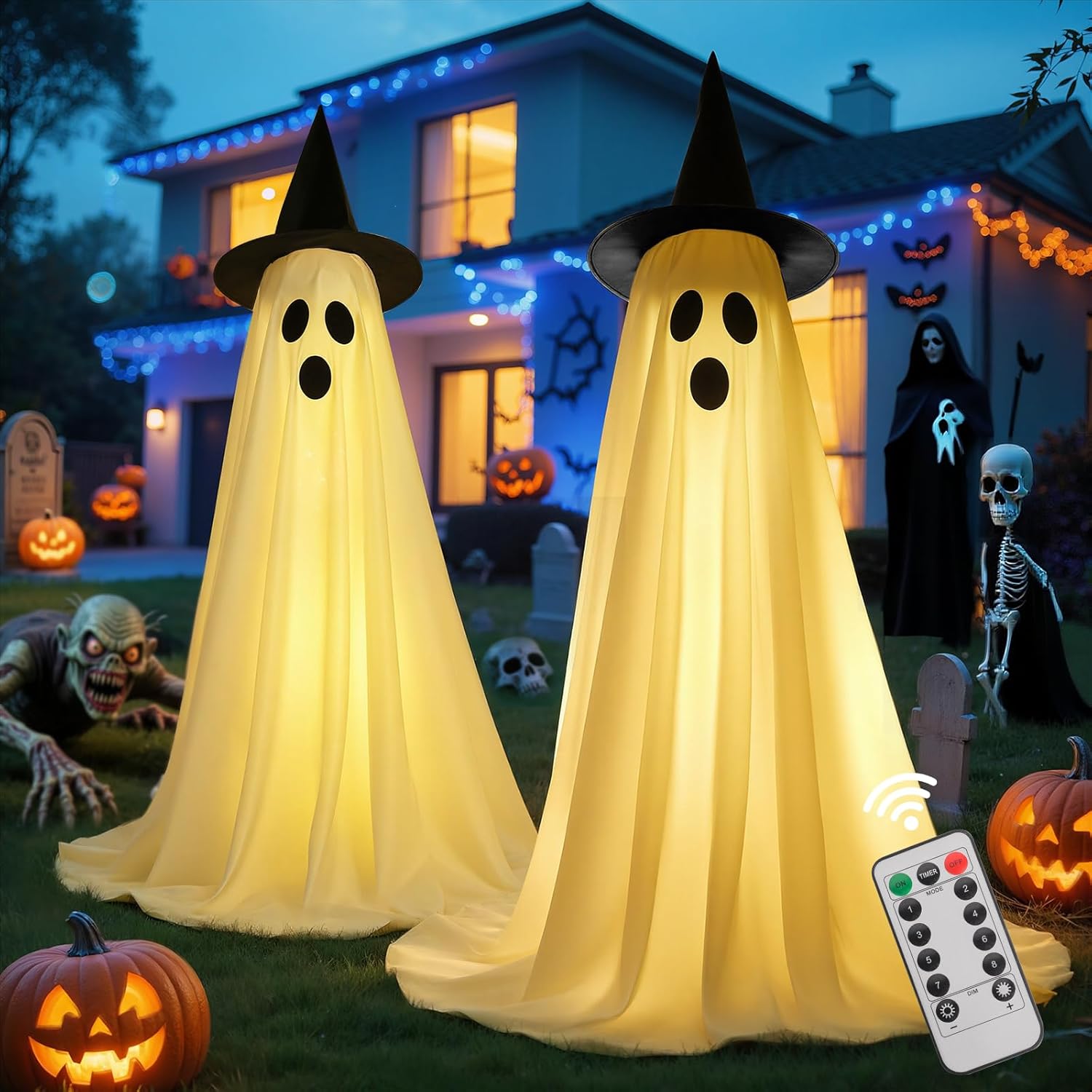 2 Pack Halloween Decorations Outdoor, Cute Ghost Halloween Party Decorations with Remote Control String Lights, Spooky Ghost Halloween Lights Outdoor Decorations for Porches, Yards, Gardens, Lawn