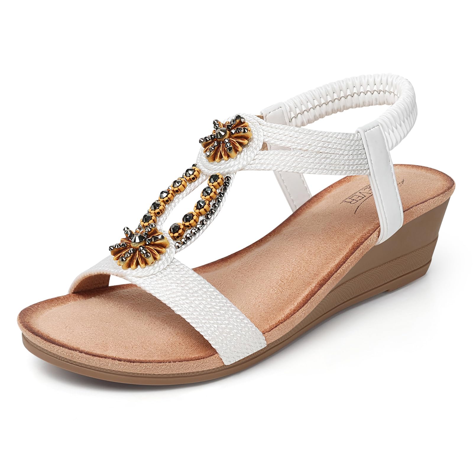 SHIBEVER Womens Wedge Sandals Flower Low Heel Dressy Sandals Elastic Ankle Strap Rhinestone Summer Comfortable Shoe