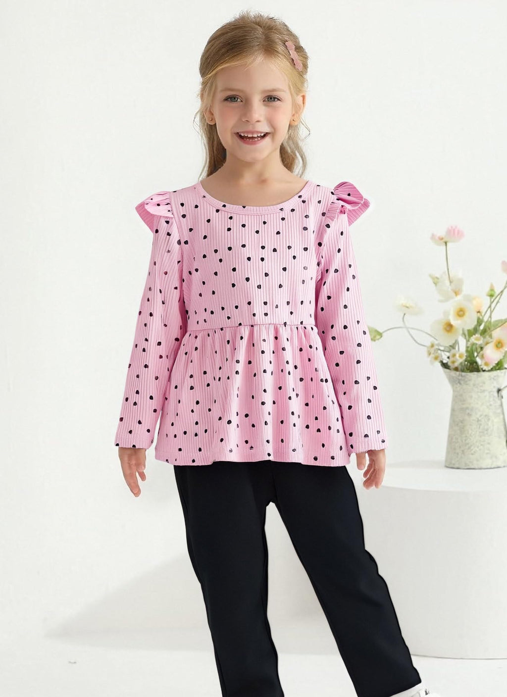 Toddler Girl Clothes Ruffle Long Sleeve Heart Print Tops and Pants 2PC Little Girl Winter Outfits Size (4-7T)