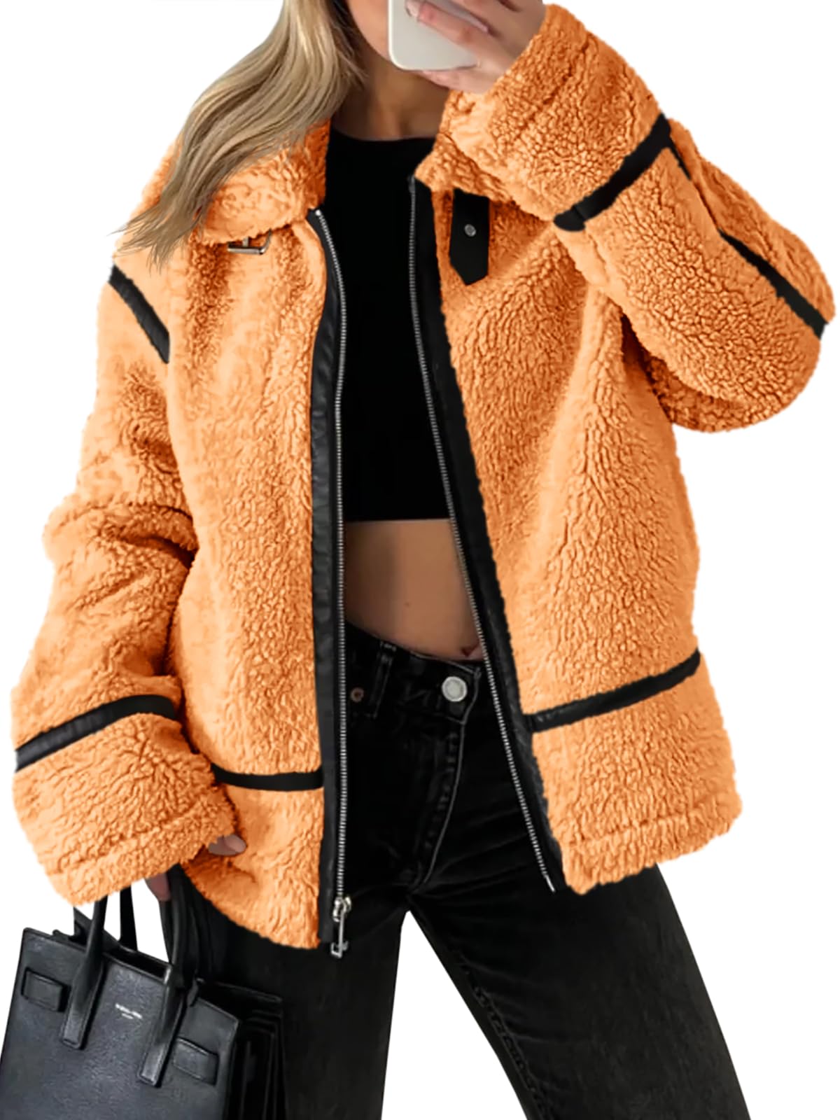 Tankaneo Womens Faux Fur Jackets Winter Trendy Sherpa Moto Leather Patchwork Zip Up Coat