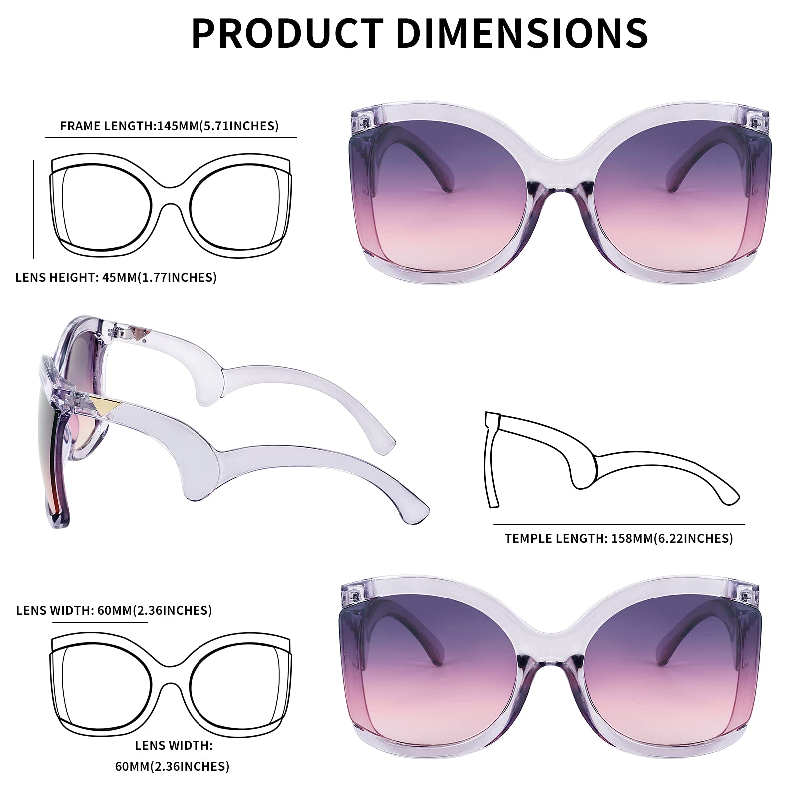 FEISEDY Oversized Square Butterfly Sunglasses Curved Curly Arm Frame Women's Fashion Shades B4035