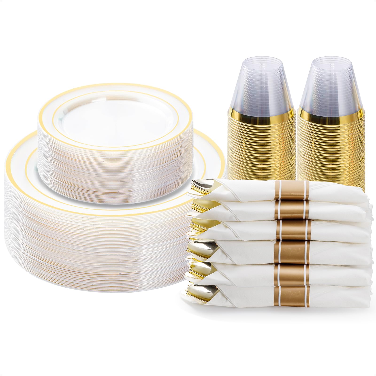 350PCS Gold Plastic Dinnerware Set, Disposable Party Plates for 50 Guests, Include: 100 Plastic Plates, 50 Pre Rolled Napkins with Gold Silverware, 50 Cups