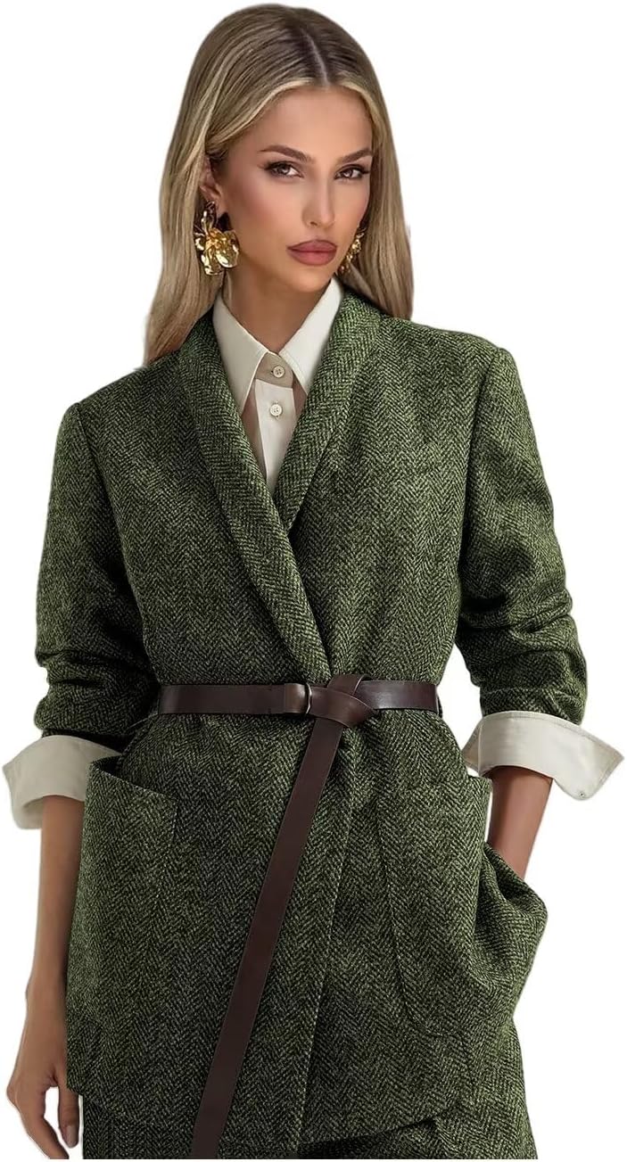 Tweed Suits for Women Dressy 2 Piece Herringbone Blazer and Pants with Belt Shawl Lapel Business Casual Outfits
