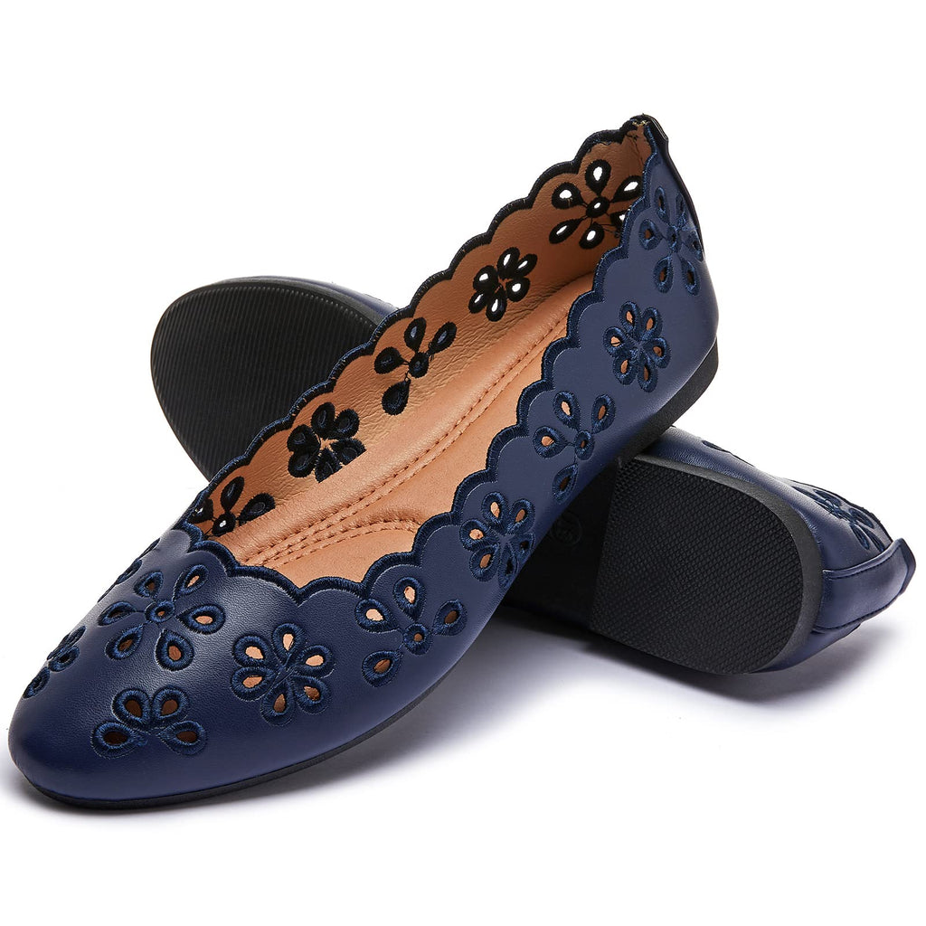 FRACORA Women's Ballet Flats Black PU Leather Dress Shoes Comfortable Round Toe Slip on Flats with Breathable Eyelets
