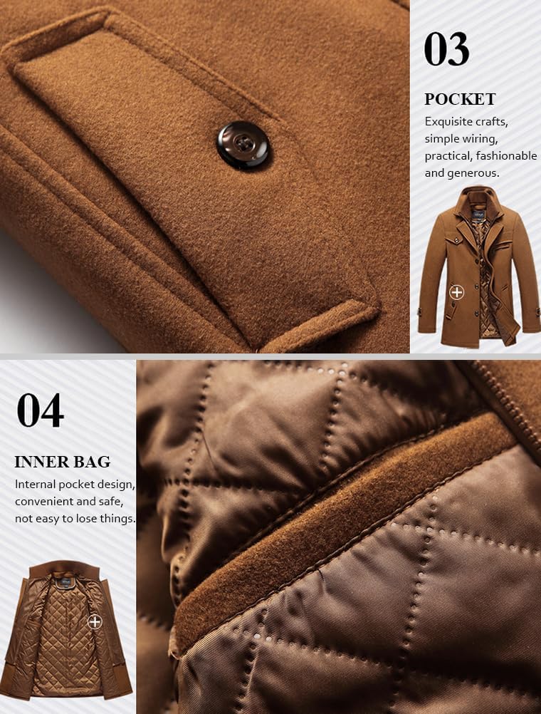 Lavnis Men's Winter Wool Coats Slim Fit Single Breasted Trench Jacket Woolen Pea Coat