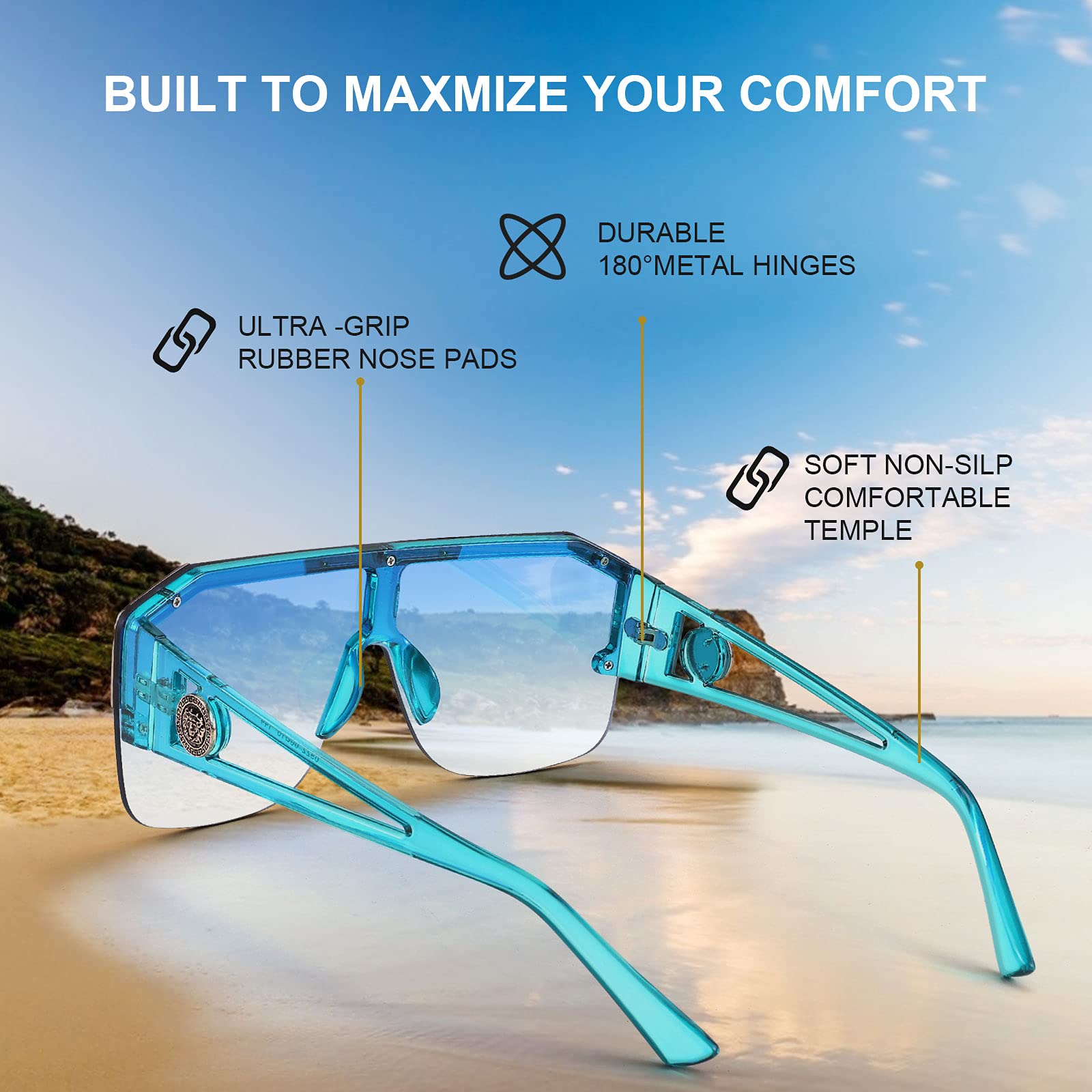 FEISEDY Square Oversized Sunglasses for Men Women, Flat Top Shield One Piece Lens Sun Glasses Shades B2765