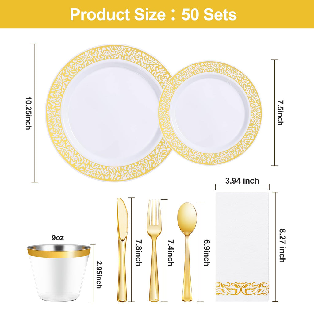 700PCS Gold Plastic Dinnerware Set for 100 Guests, Disposable Plates for Party, Include 100 Gold Dinner Plates, 100 Dessert Plates, 100 Set Silverware, 100 Cups, 100 Napkins