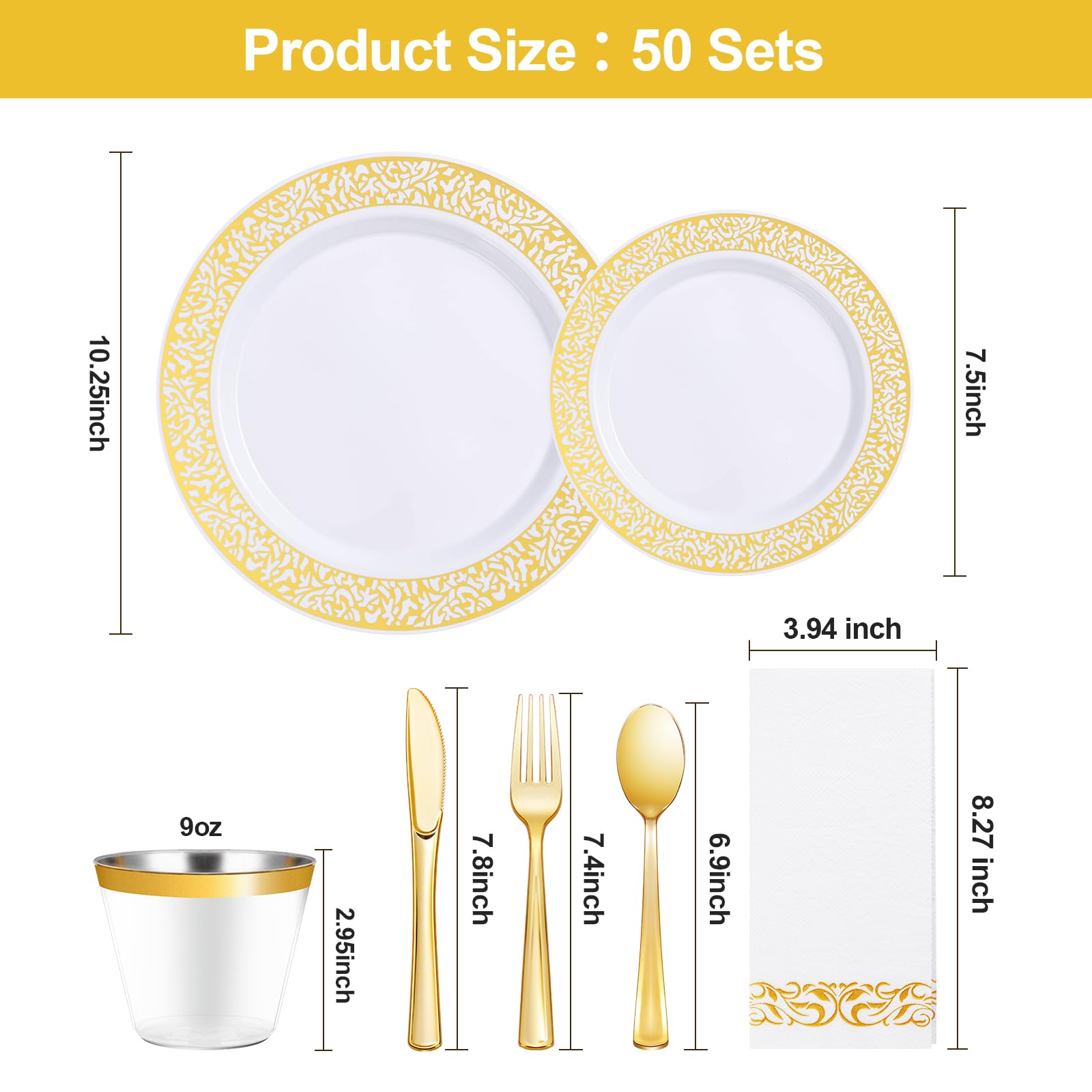 700PCS Gold Plastic Dinnerware Set for 100 Guests, Disposable Plates for Party, Include 100 Gold Dinner Plates, 100 Dessert Plates, 100 Set Silverware, 100 Cups, 100 Napkins