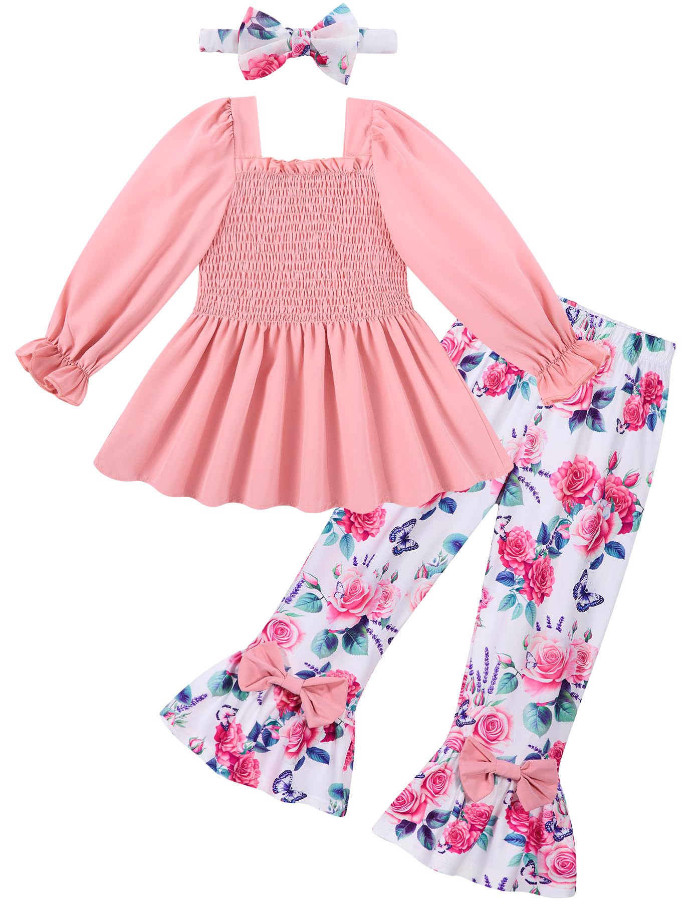UNICOMIDEA Girls Clothes Set Shirt Top and Flare Pants with Bowknot 2-5T Kids 3 Piece Outfit For Girl