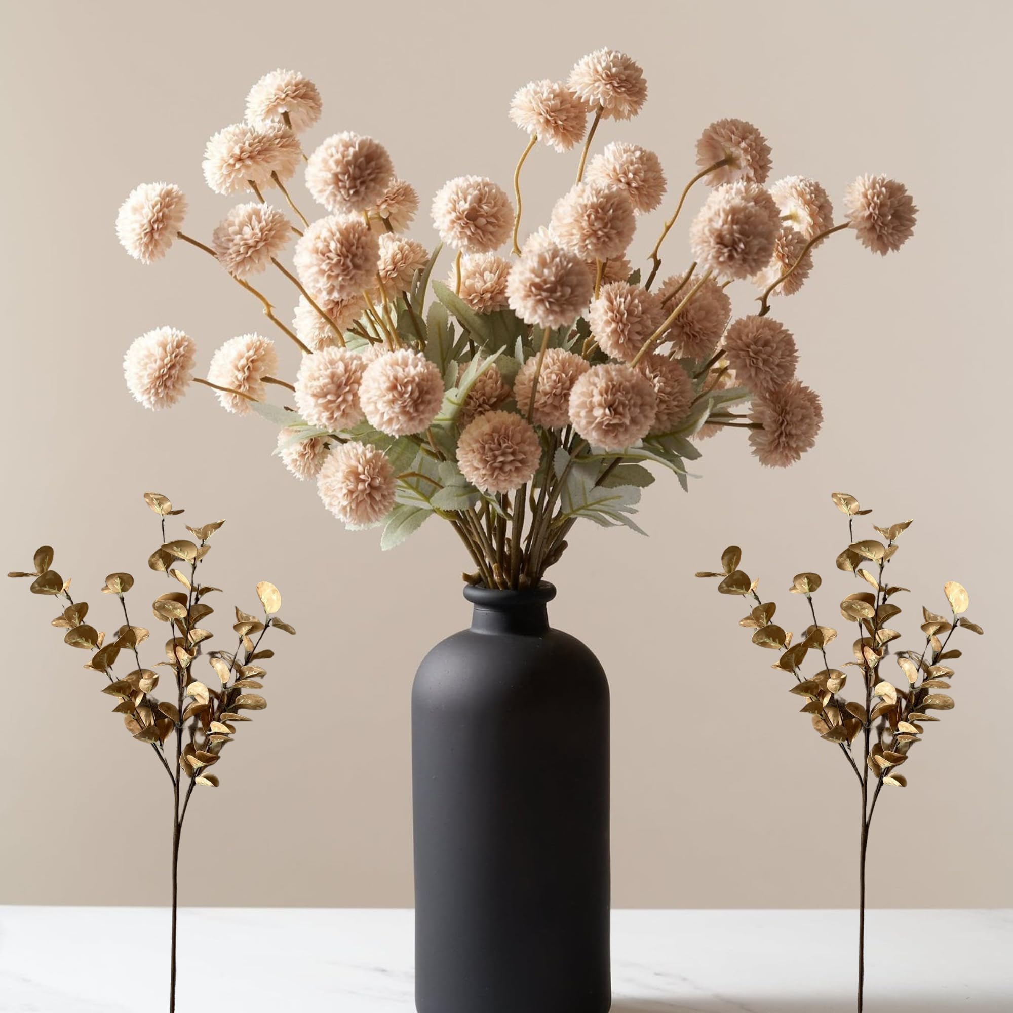 Fall Flowers, Burnt Orange Faux Kiku Flowers Artificial 10 Stems + Eucalyptus, Fake Silk Mums Fall Floral Centerpiece, Autumn Decor, Terracotta Mini Balls Faux Stems For Vase, Decoración de Otoño
