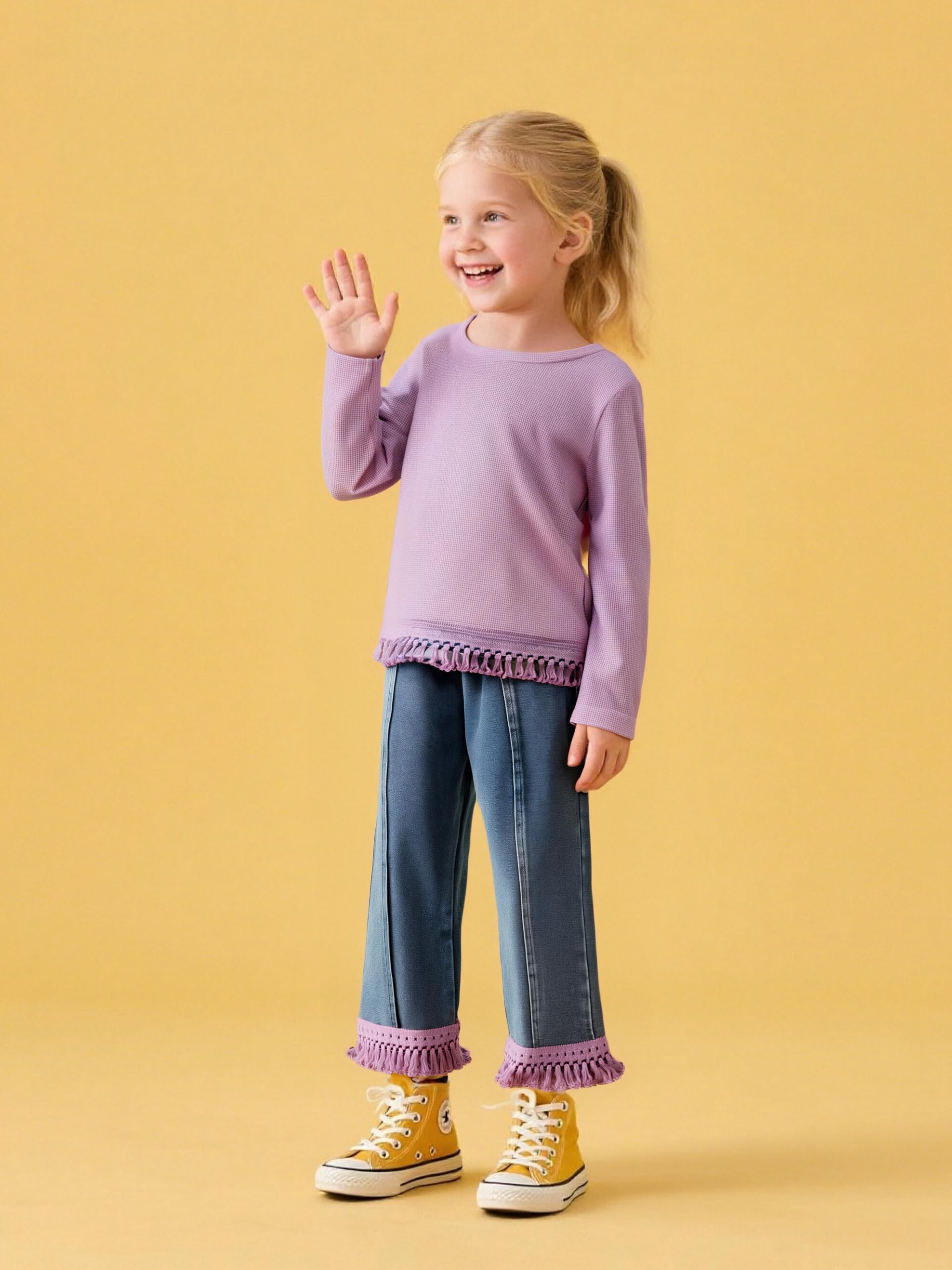 3-7 Years Toddler Girls Pants Set - Tassel Top & Washed Denim Pants Fall Winter Clothing Outfits Set for Girls