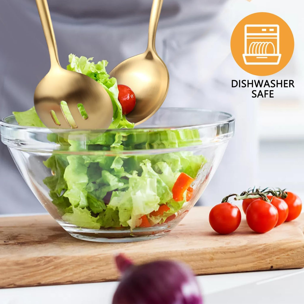 Gold Stainless Steel Serving Utensils Set, 5 Pcs - 10.8 Inch Serving Fork, 10.3 Inch Slotted Spoon, Sugar Spoon, Butter Knife for Buffet