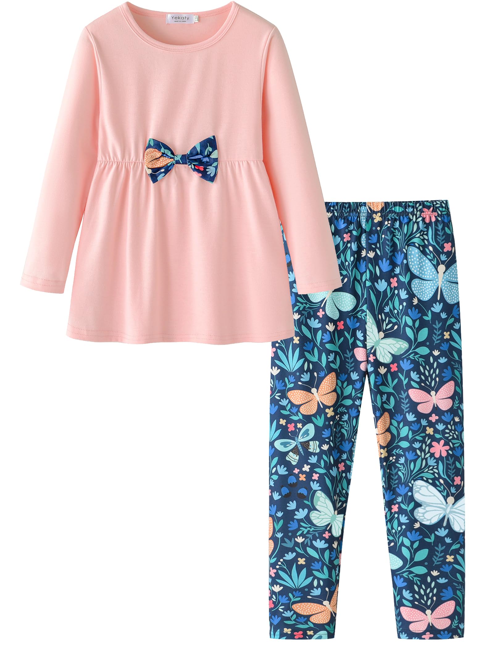Yekaty Girls Clothing Set 2 Pcs Floral Soft Crewneck Long Sleeve Top+Leggings Loose Outfits With Bowknot
