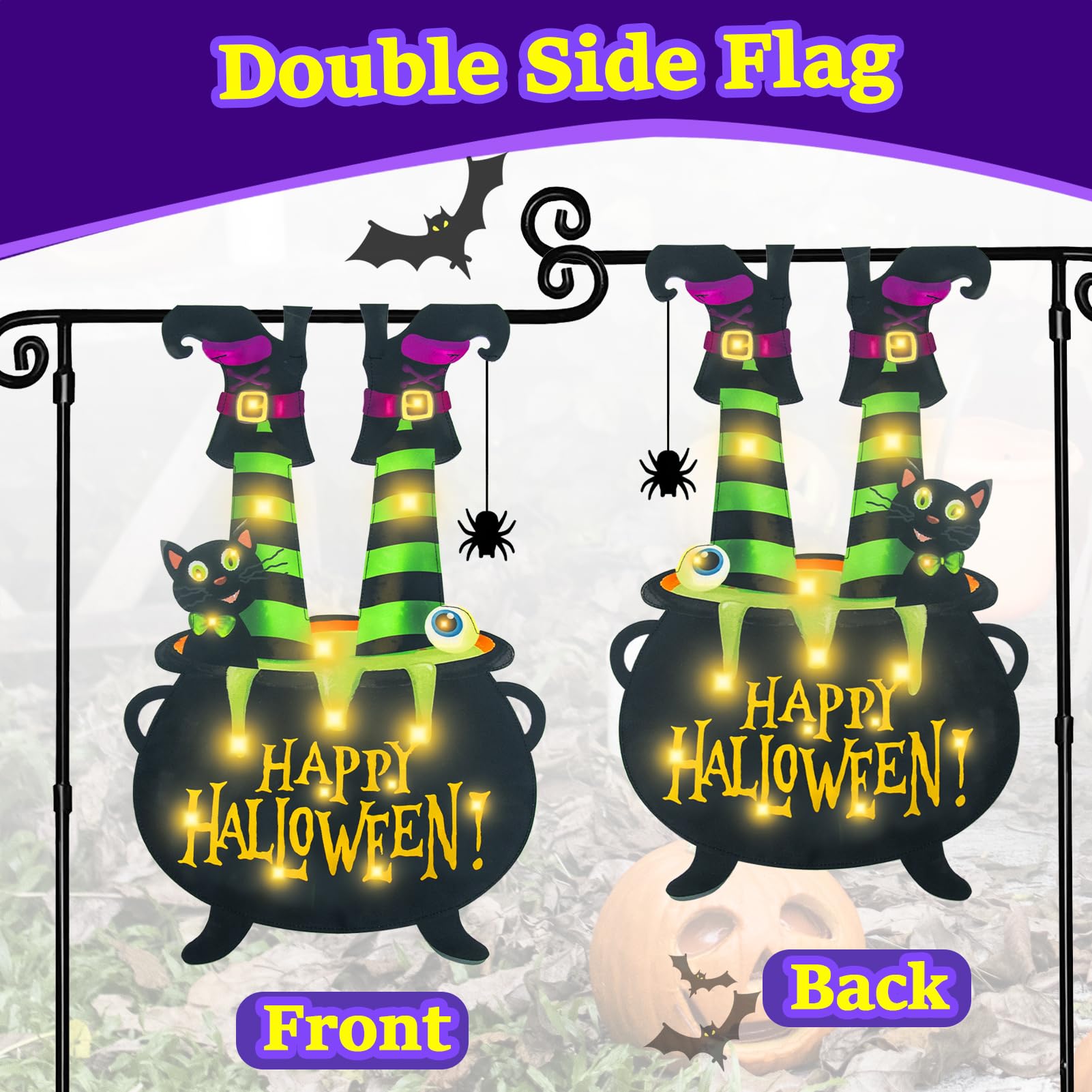 Halloween Lighted Garden Flag for Outside, Led Solar Yard Flag 8 Modes Witch Feet Shape Flag, 12x18 Double Sided Cauldron Eyeball Black Cat Decorations for Home Porch