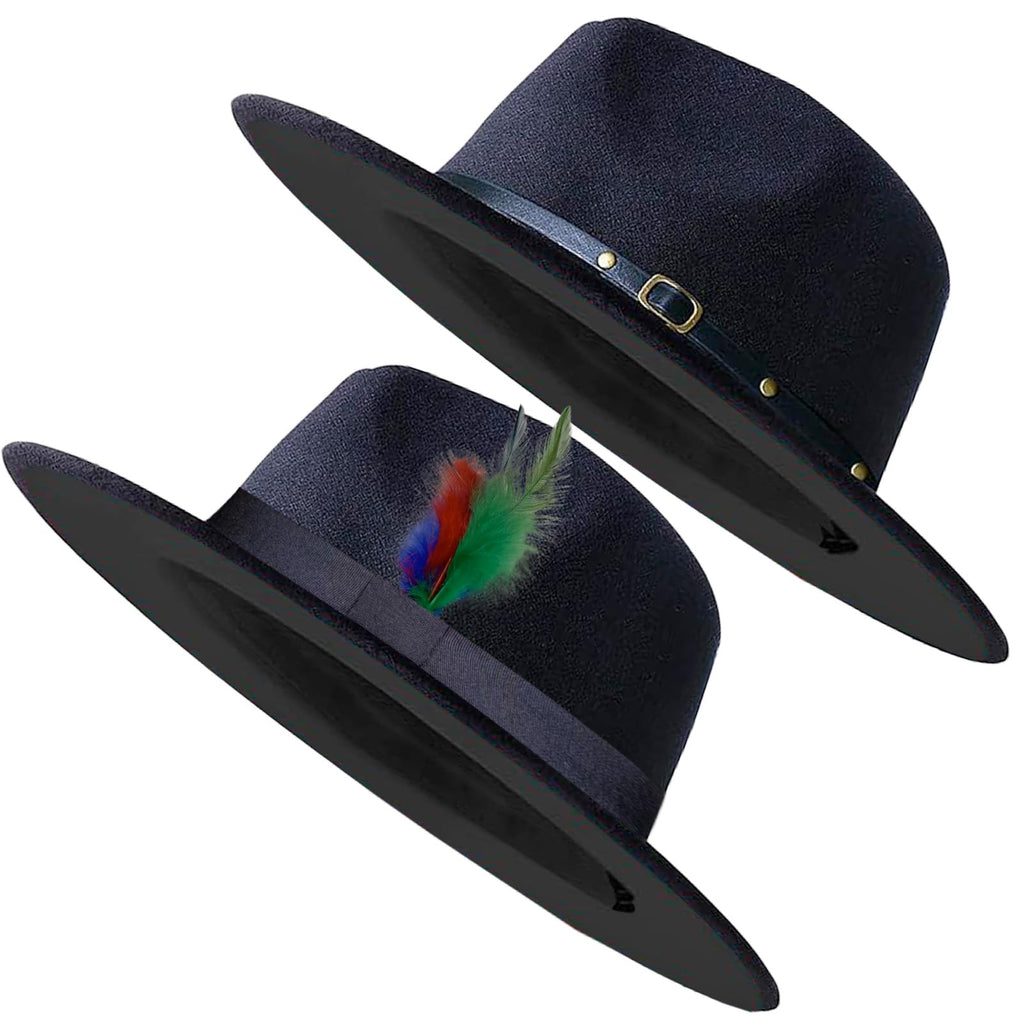 2 Pack Classic Fedora Hat for Men & Women Wide Brim Felt Panama Floppy Hat Black