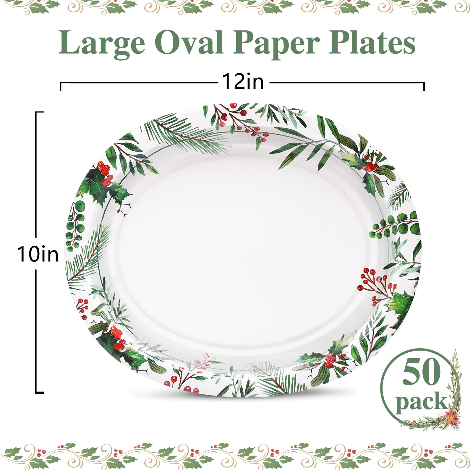 50 Pack Oval Thanksgiving Plates 12 x 10 Inch Thanksgiving Paper Plates Heavy Duty - Large Disposable Dinner Platters,Turkey Pumpkin Autumn Fall Harvest Thanksgiving Party Decor
