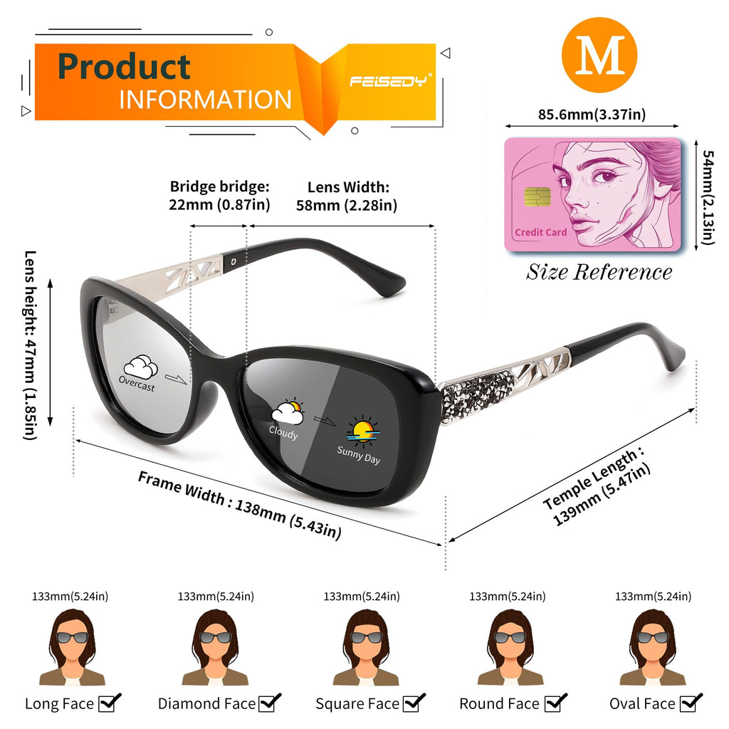 FEISEDY Polarized Women Sunglasses Retro Shades Photochromic Lens Sparkling Crystal Sunglasses UV400 Protection B0144